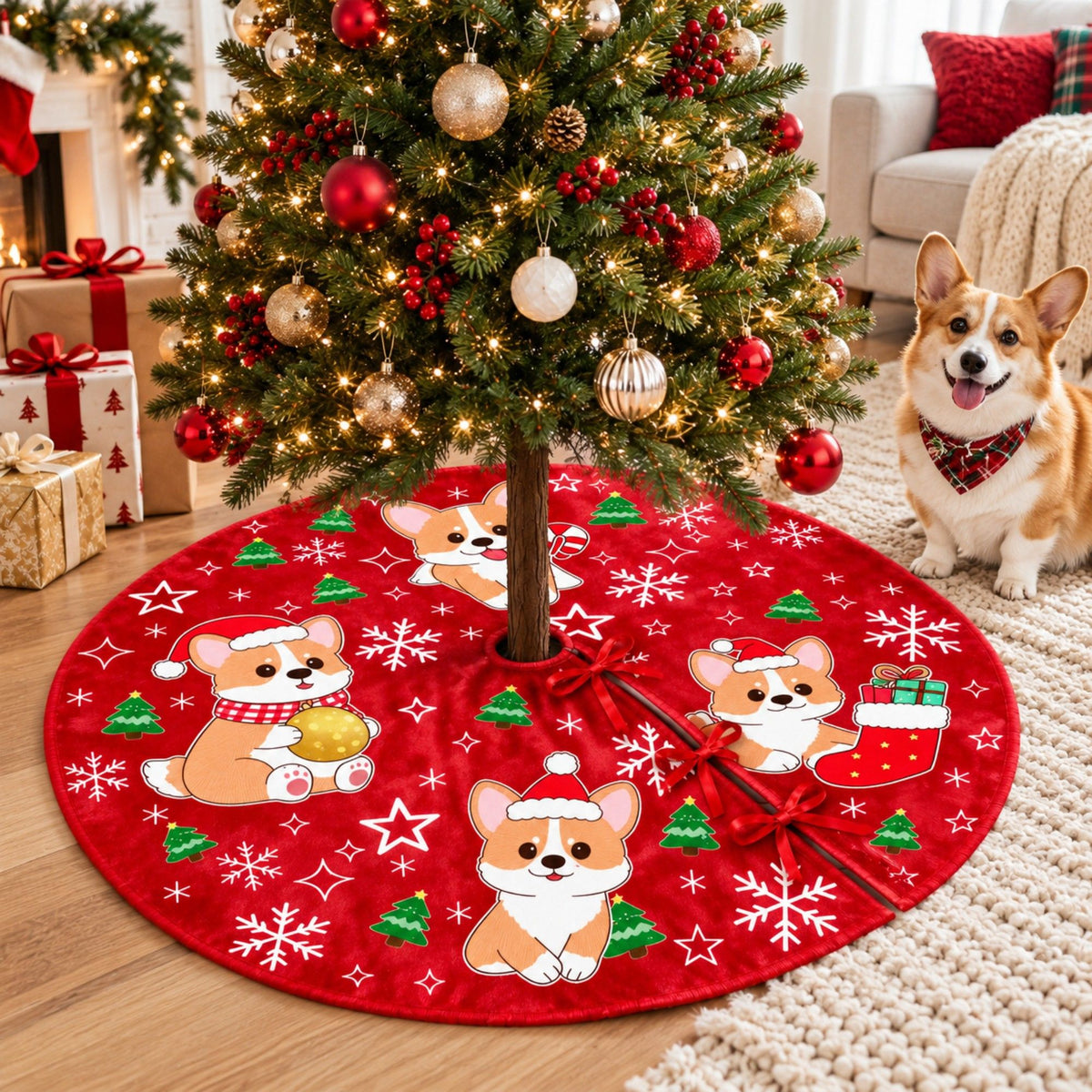 Christmas Tree Skirt with Festive Corgi Dog Print Red Holiday Tree Base Cover