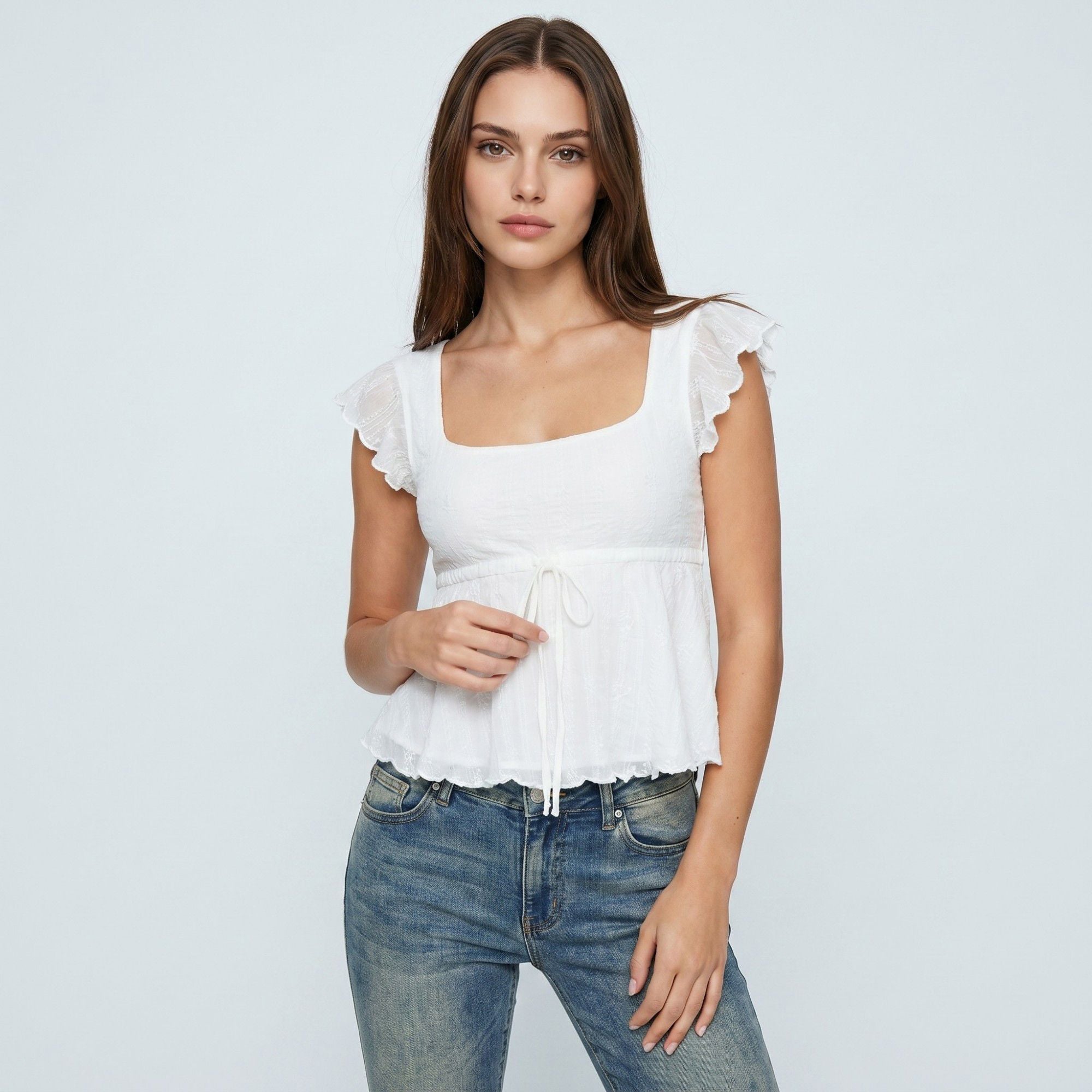 Anna-Kaci Women's Square Neck Peplum Top with Ruffle Sleeves and Front Tie Detail