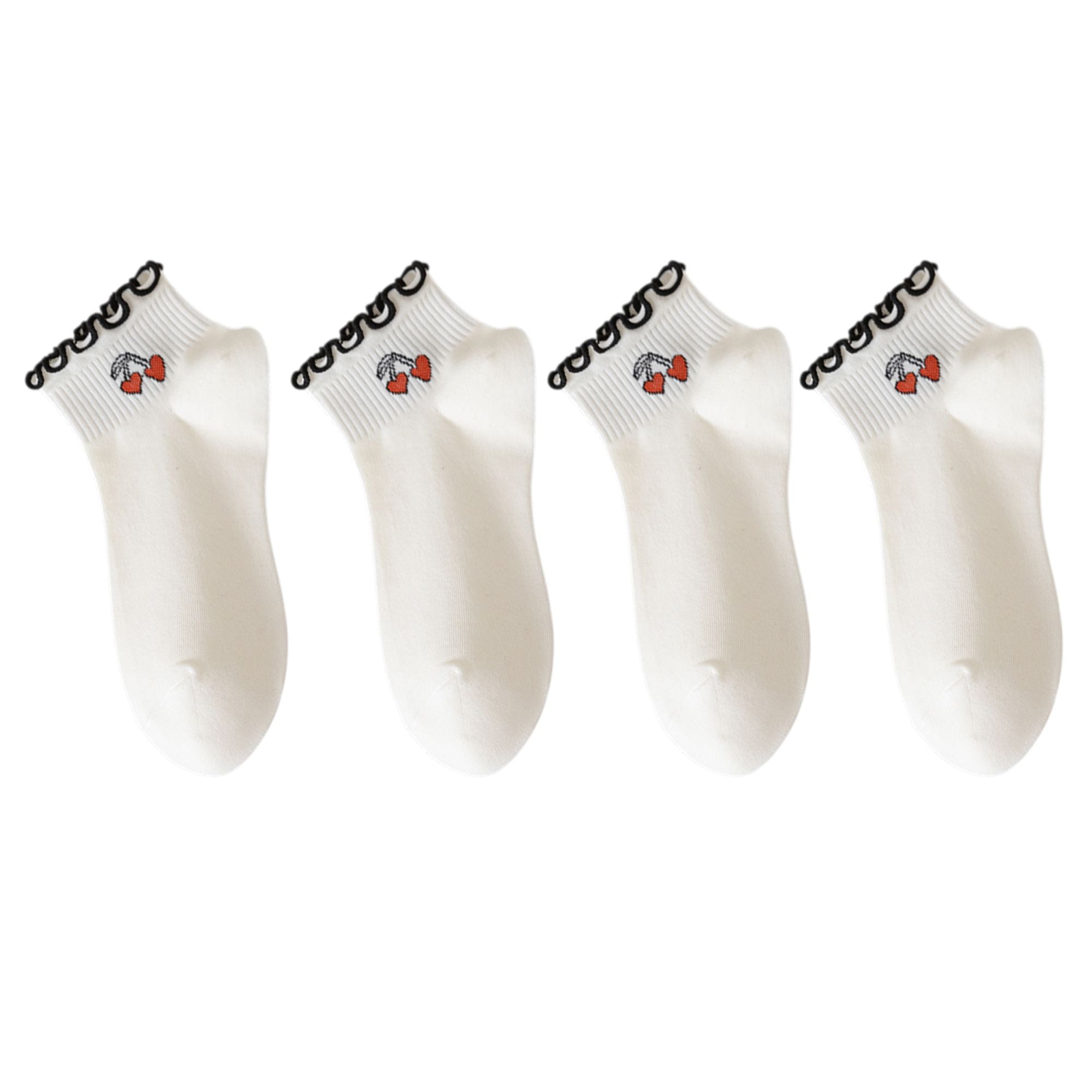 Anna-Kaci 4 Pairs Ankle Socks with Ruffle Trim Cuff Featuring Cherry, Grid, Stripe, and Polka Dot Designs