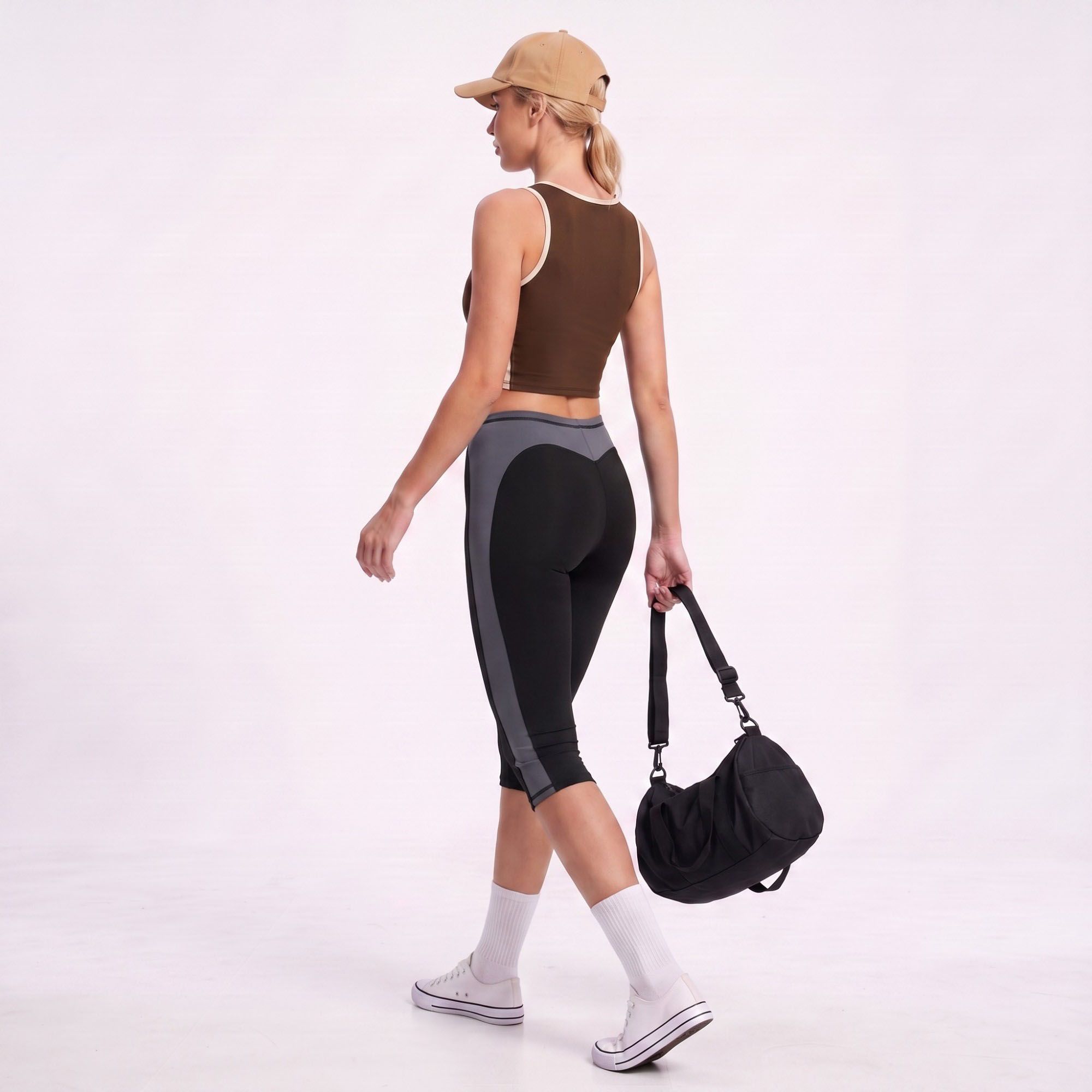 Colorblock High Waist Capri Leggings Fitted Cropped Yoga Pants for Running Gym Training