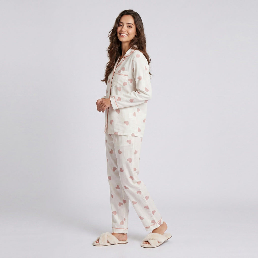Anna-Kaci Lounge Women's 2-Piece Set Heart Print Button Front Pajama Top and Straight Leg Lounge Pants