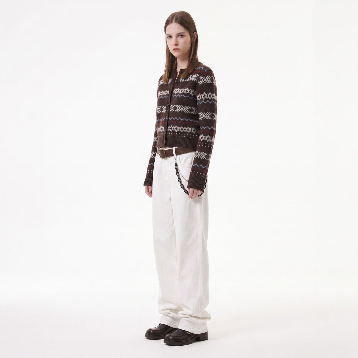 Geometric Pattern Button Front Knit Cardigan Sweater