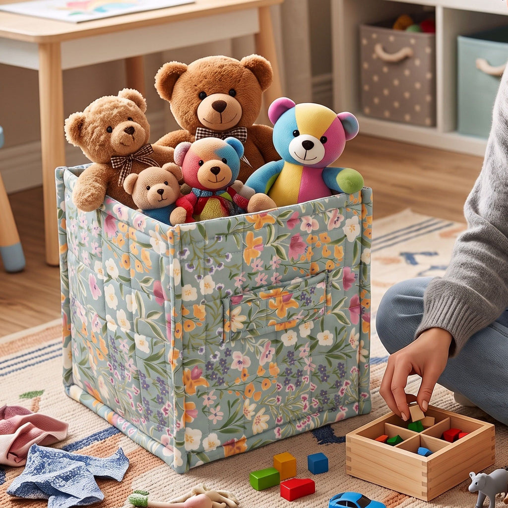 Floral Quilted Fabric Storage Cube Bin with Carry Handles