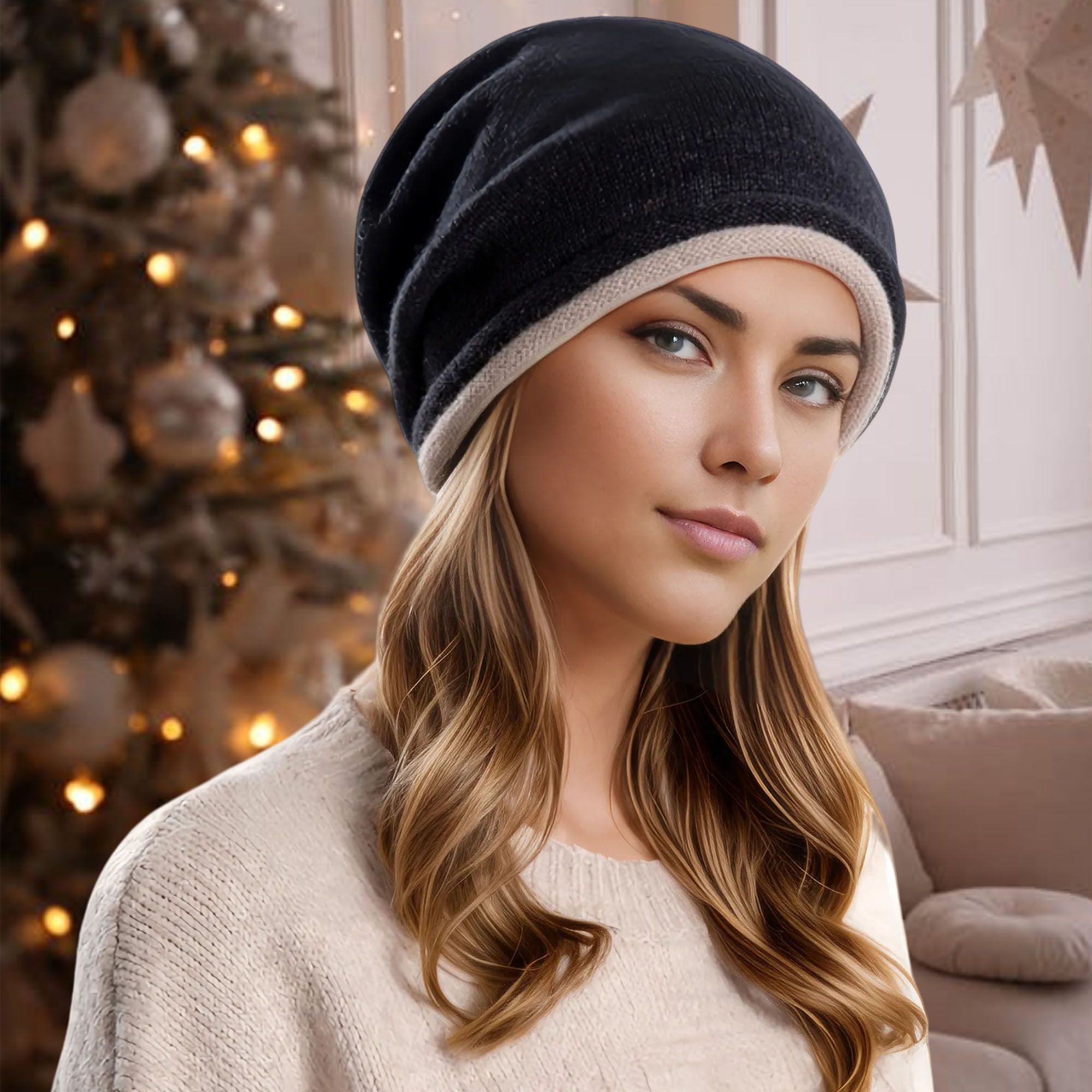 Alilang Comfy Warm Winter Knit Slouchy Beanie Hat Double Color Roll Up Edge Ski Cap for Women Men