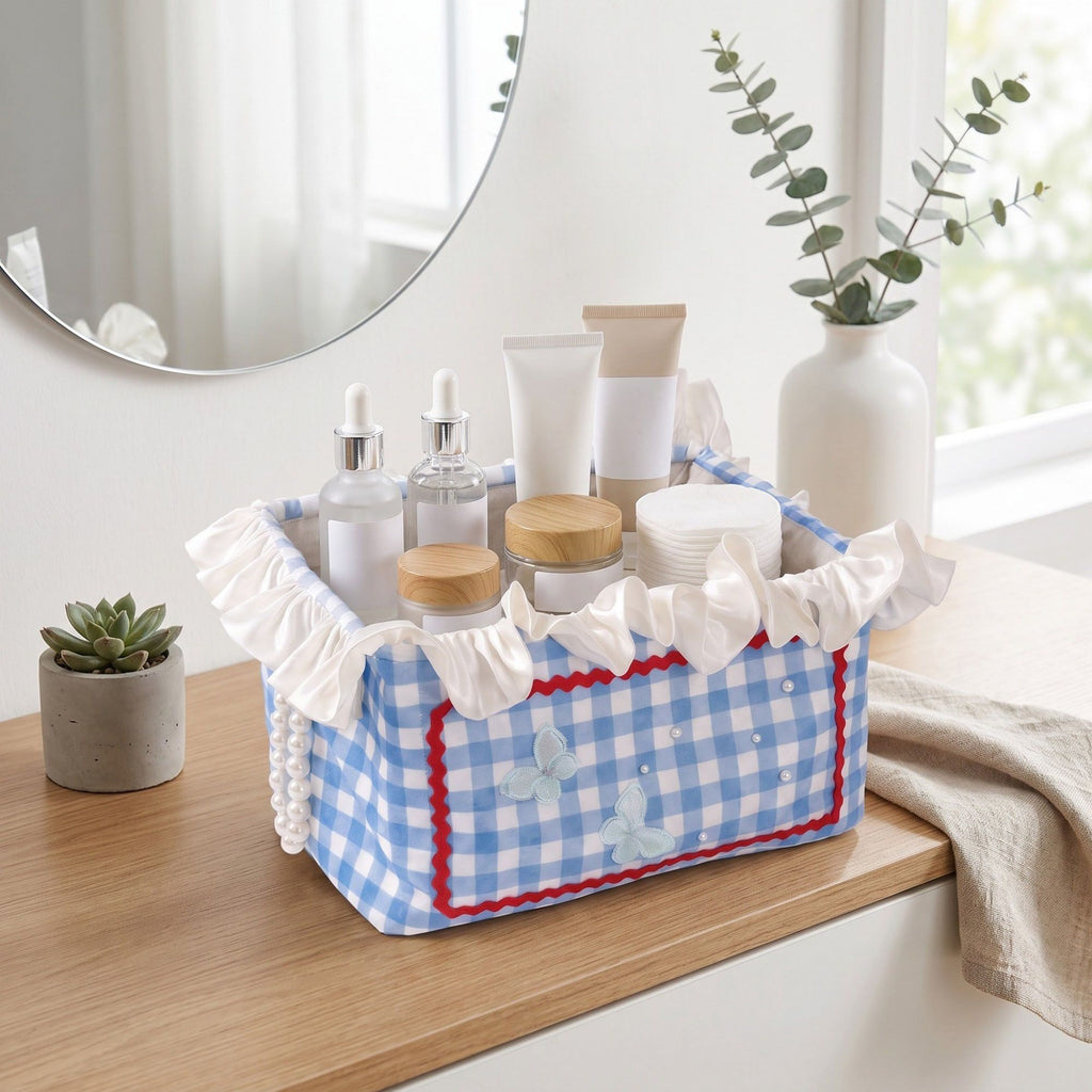 Gingham Fabric Storage Basket with Ruffle Trim and Handles