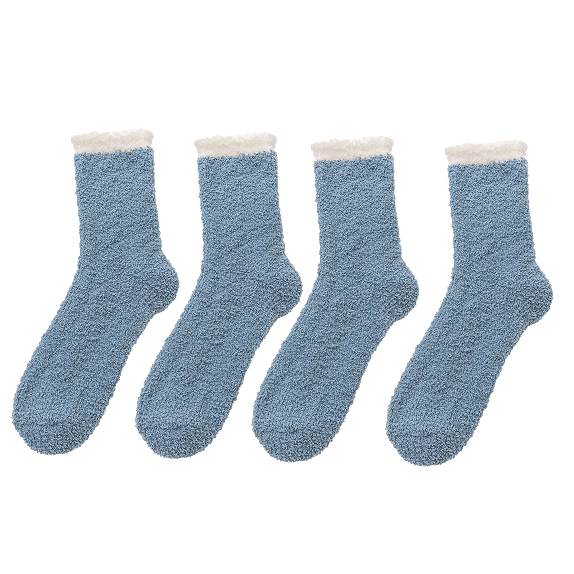 Anna-Kaci 4-Pair Plush Cozy Fuzzy Socks with Contrast Cuffs for Winter Indoor Warmth