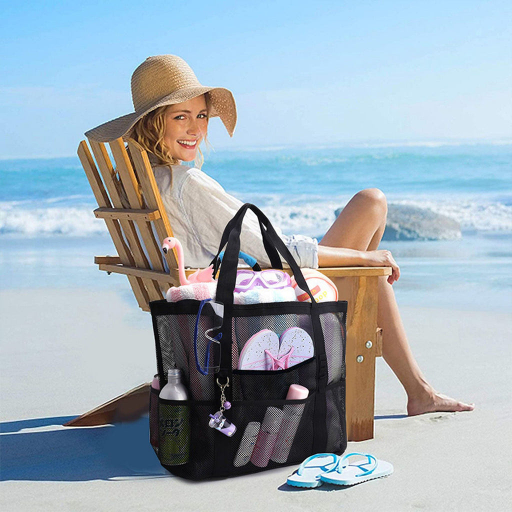 Mesh Beach Tote Bag Large Capacity Travel Shoulder Bag with Exterior Pockets Zipper Top Organizer