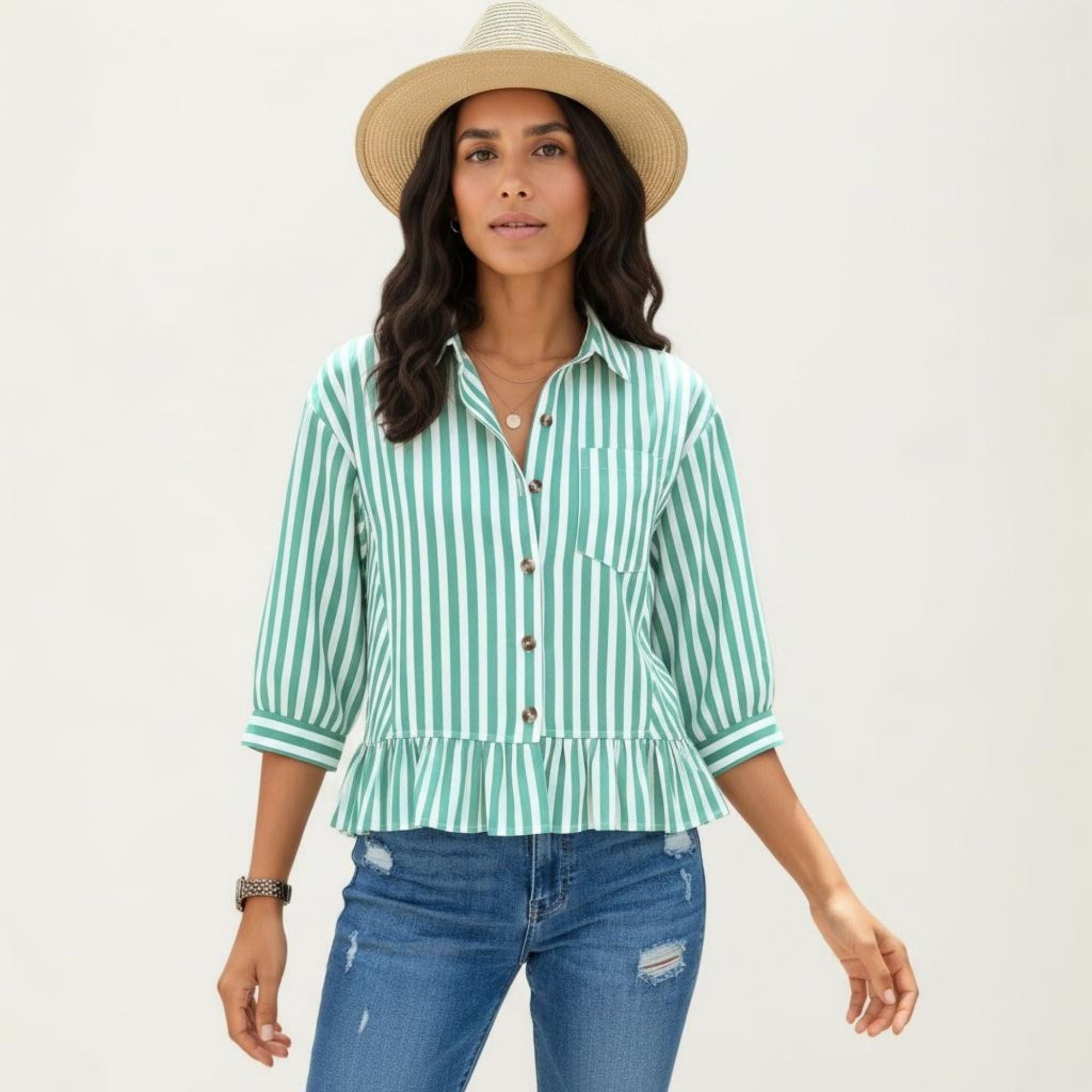 Anna-Kaci Women's Striped Button Down Blouse with Collar Three Quarter Sleeve Peplum Hem Pocket Detail Casual Shirt