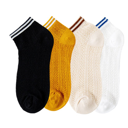 Anna-Kaci Women's 4-Pair Pack Lightweight Mesh Ankle Socks with Striped Cuffs Breathable Knit Texture