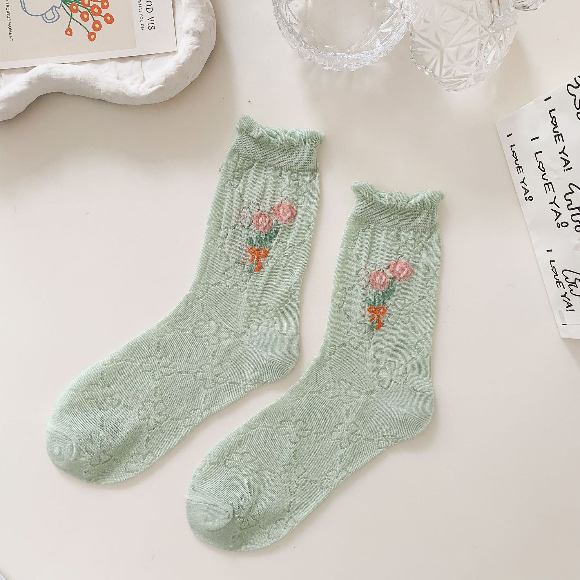 Anna-Kaci Women's Sheer Floral Embroidered Ankle Socks with Ruffle Cuff 6Pk