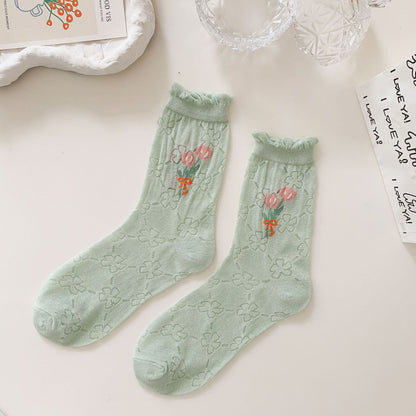 Anna-Kaci Women's Sheer Floral Embroidered Ankle Socks with Ruffle Cuff 6Pk