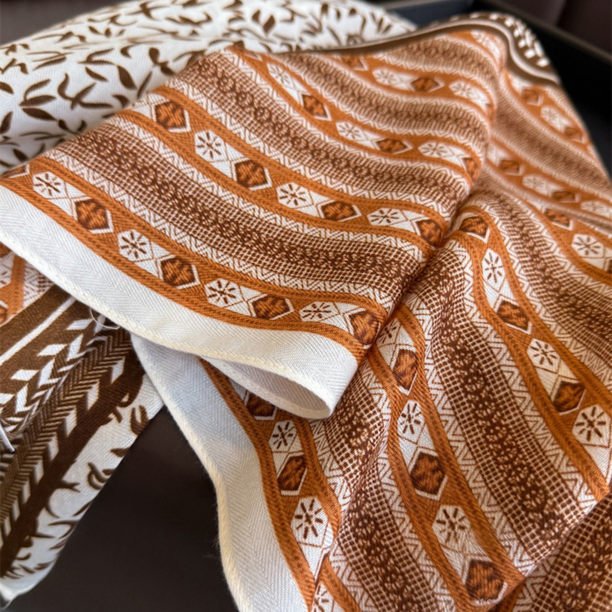 Anna-Kaci Women's Geometric and Leaf Print Satin Square Scarf with Contrasting Patterns 27x27in