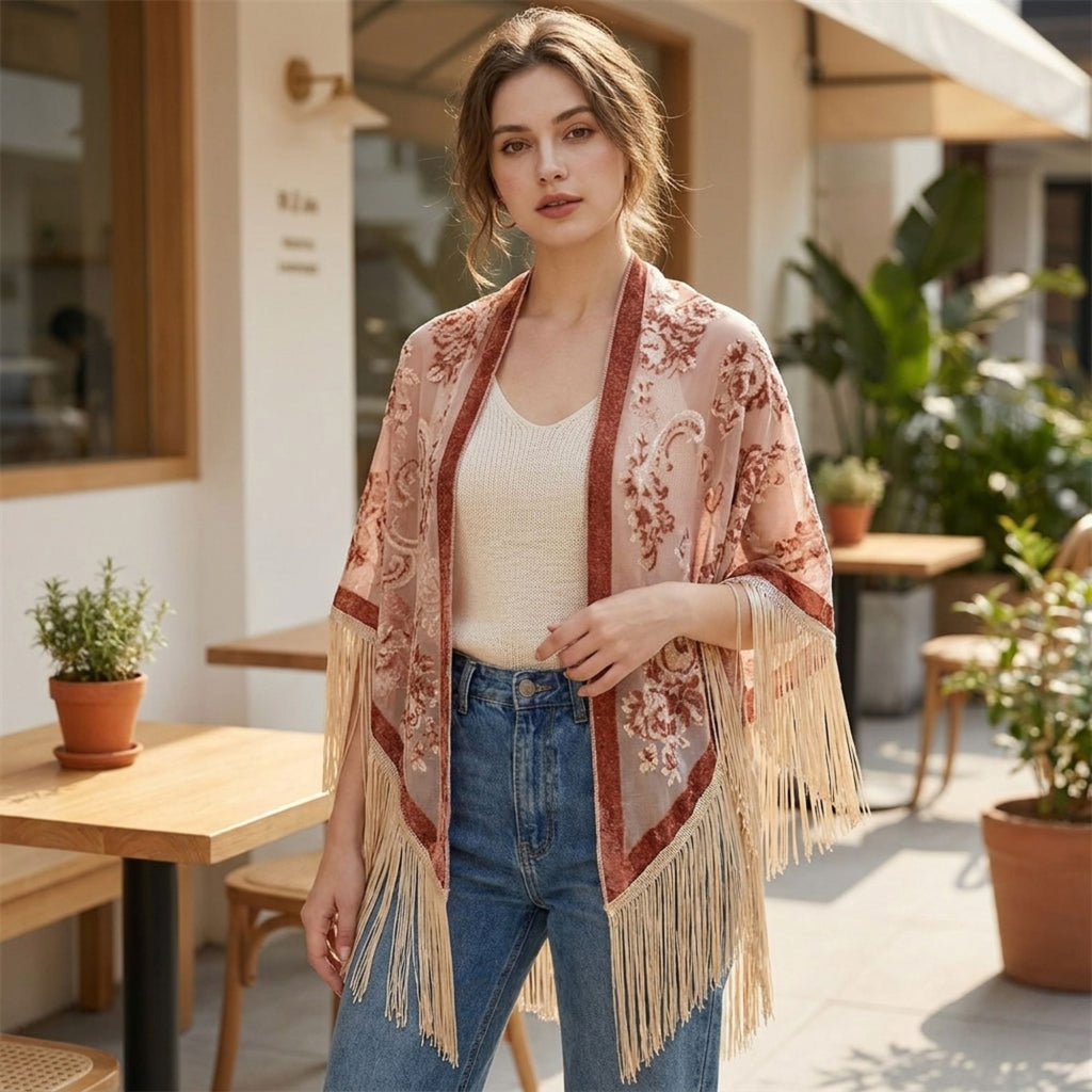 Triangle Shawl Scarf with Floral Jacquard and Fringe Trim