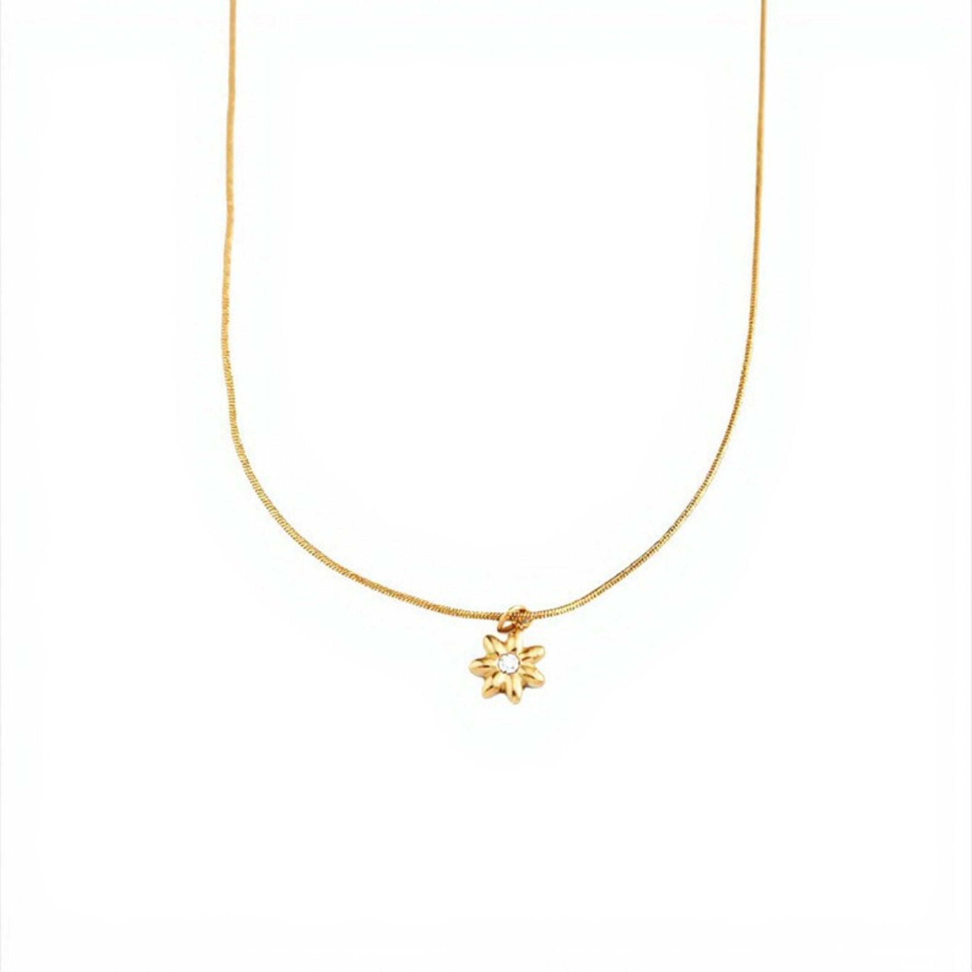 Women's Dainty Flower Pendant Necklace with Crystal Center and Fine Chain Design 18in