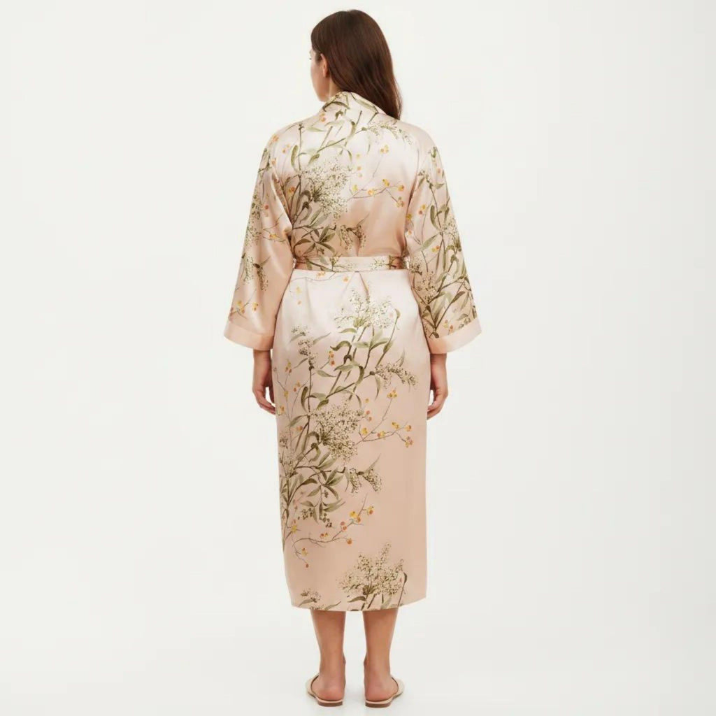 Anna-Kaci Lounge Women's Plus Size Satin Floral Kimono Robe with Self Tie Belt Longline Open Front Lightweight Sleepwear