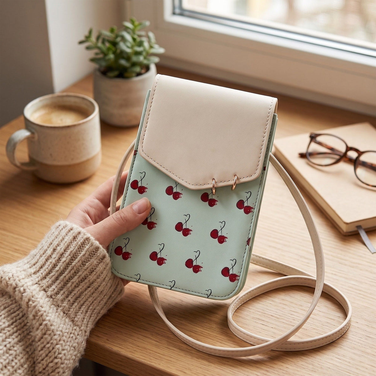 Cherry Print Flap Phone Crossbody Bag