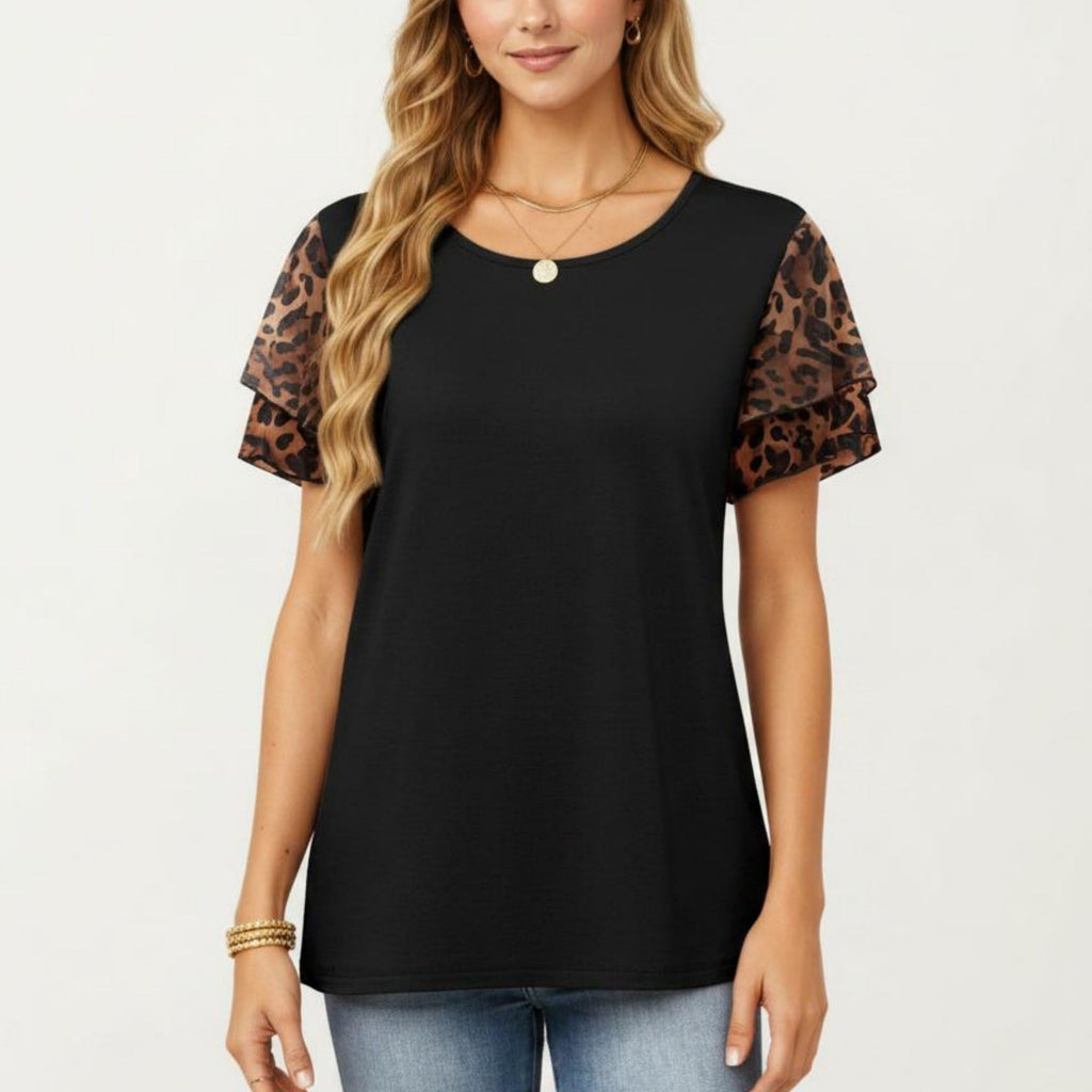 Anna-Kaci Women's Short Sleeve Top with Leopard Print Mesh Sleeves Round Neck Relaxed Fit Casual Shirt