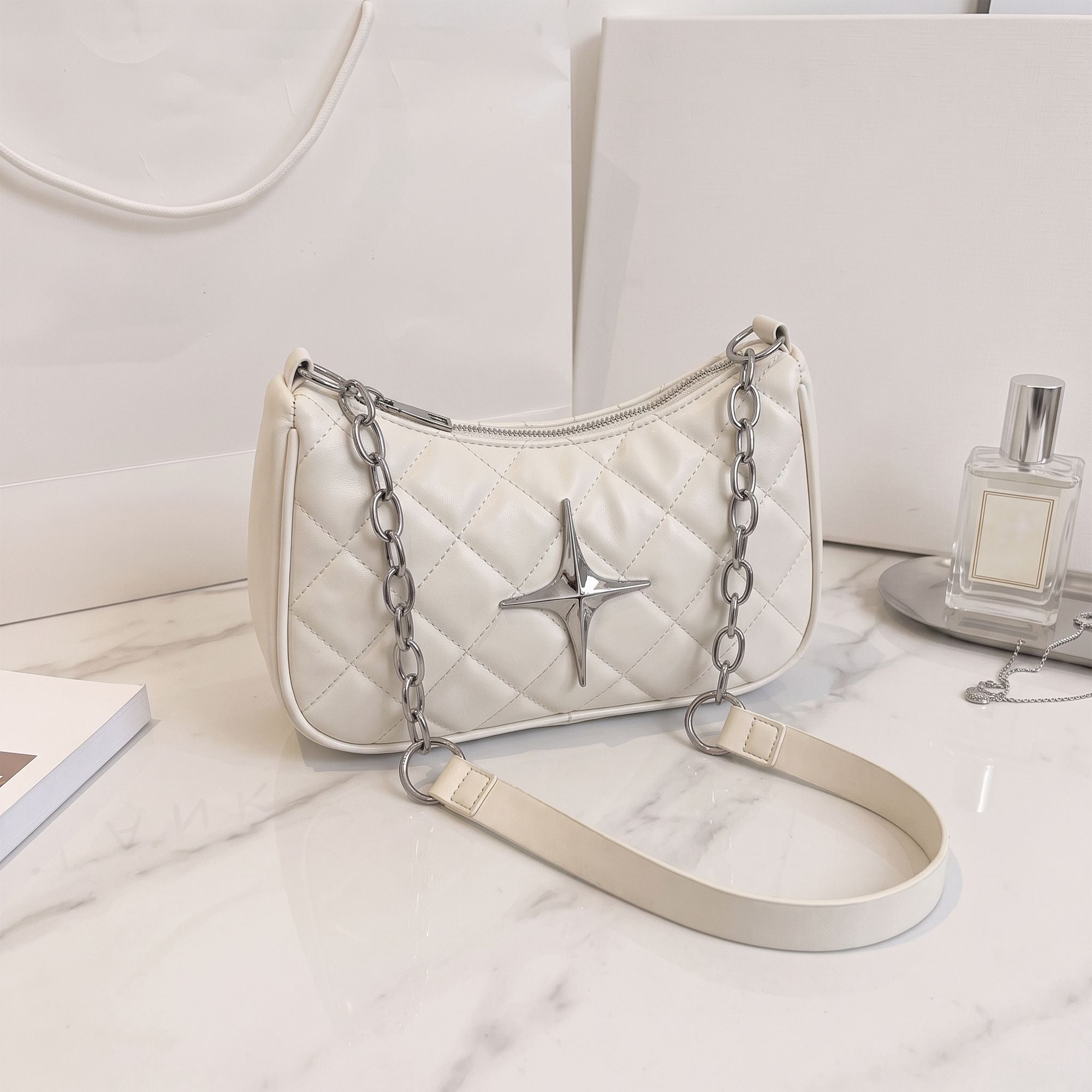 Quilted Shoulder Bag with Chain Strap and Star Accent