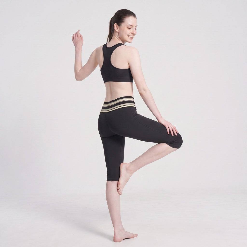 Striped Foldover Waist Capri Leggings Fitted Cropped Yoga Pants for Workouts and Athleisure