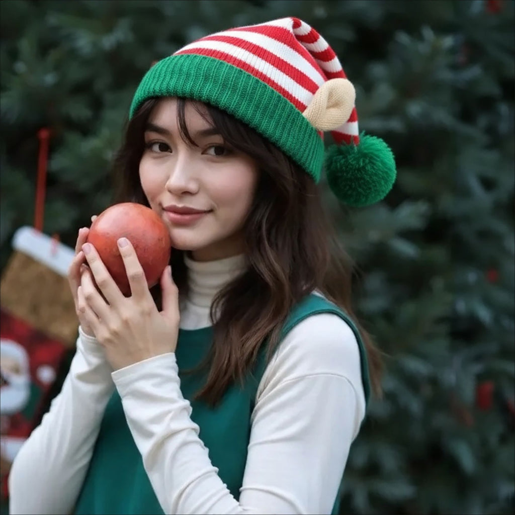 Anna-Kaci Women's Christmas Elf Striped Knit Hat Striped Beanie with Pom-Pom & Elf Ears for Holiday Parties & Festive Decor
