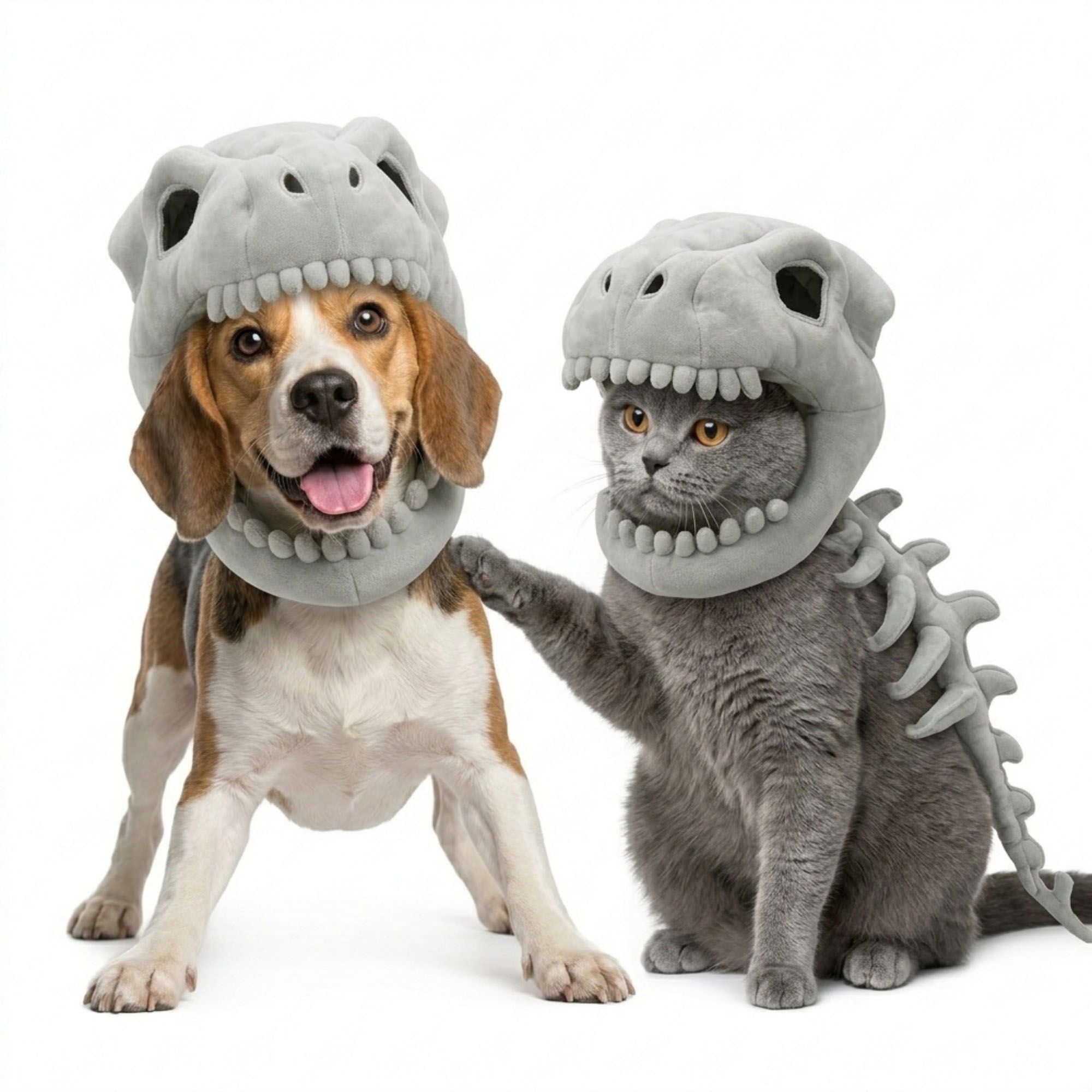 Pet Dinosaur Skeleton Costume Plush Skull Hood and Spine Outfit for Dogs and Cats