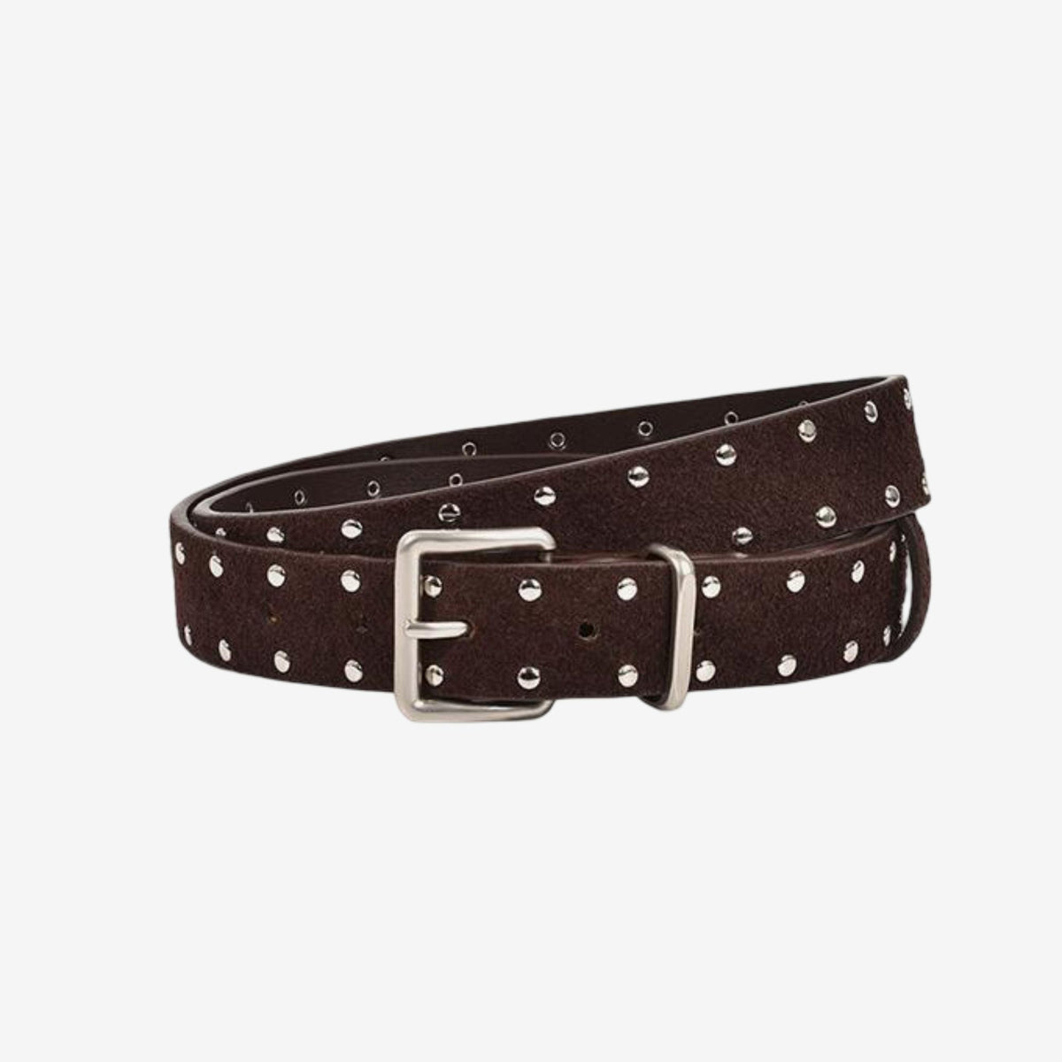 Studded Suede Leather Belt with Square Silver Tone Buckle 41.3in