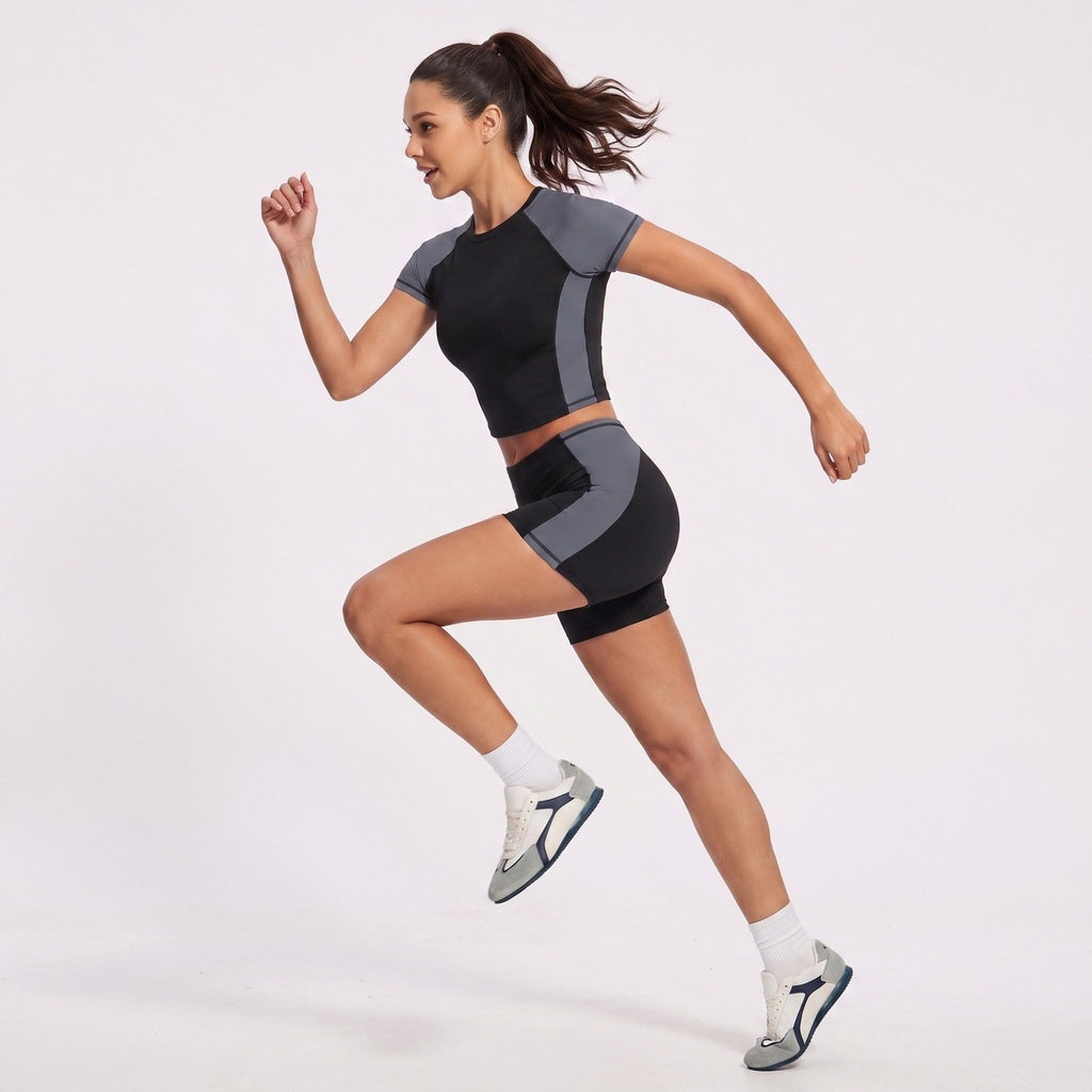 Short Sleeve Cropped Workout Top Crew Neck Fitted Athletic Shirt for Running Gym Training