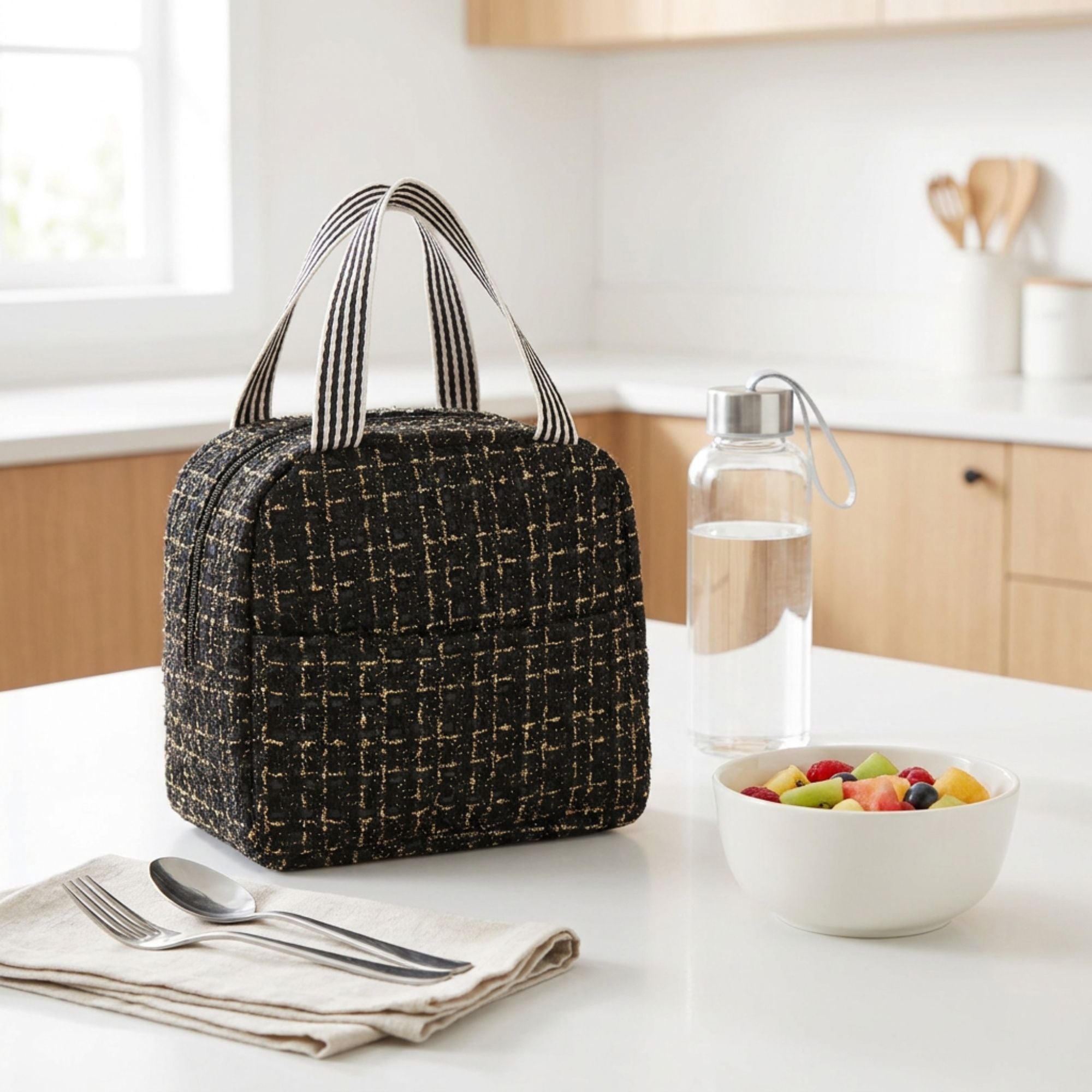 Reusable Lunch Bag Large Capacity Zipper Tote with Striped Handles