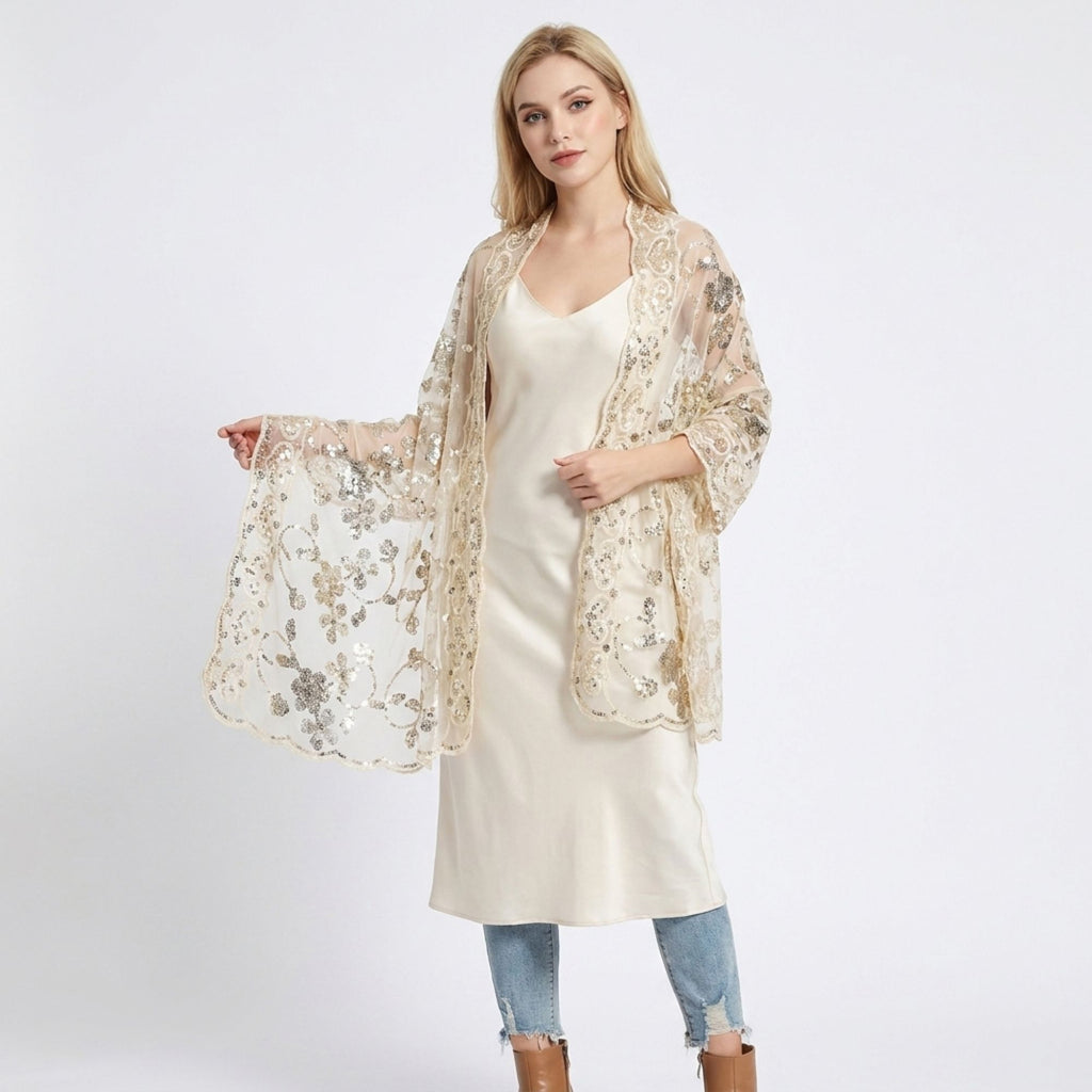 Sequin Shawl Wrap Sheer Mesh Evening Cover Up 75*23.5 Inches