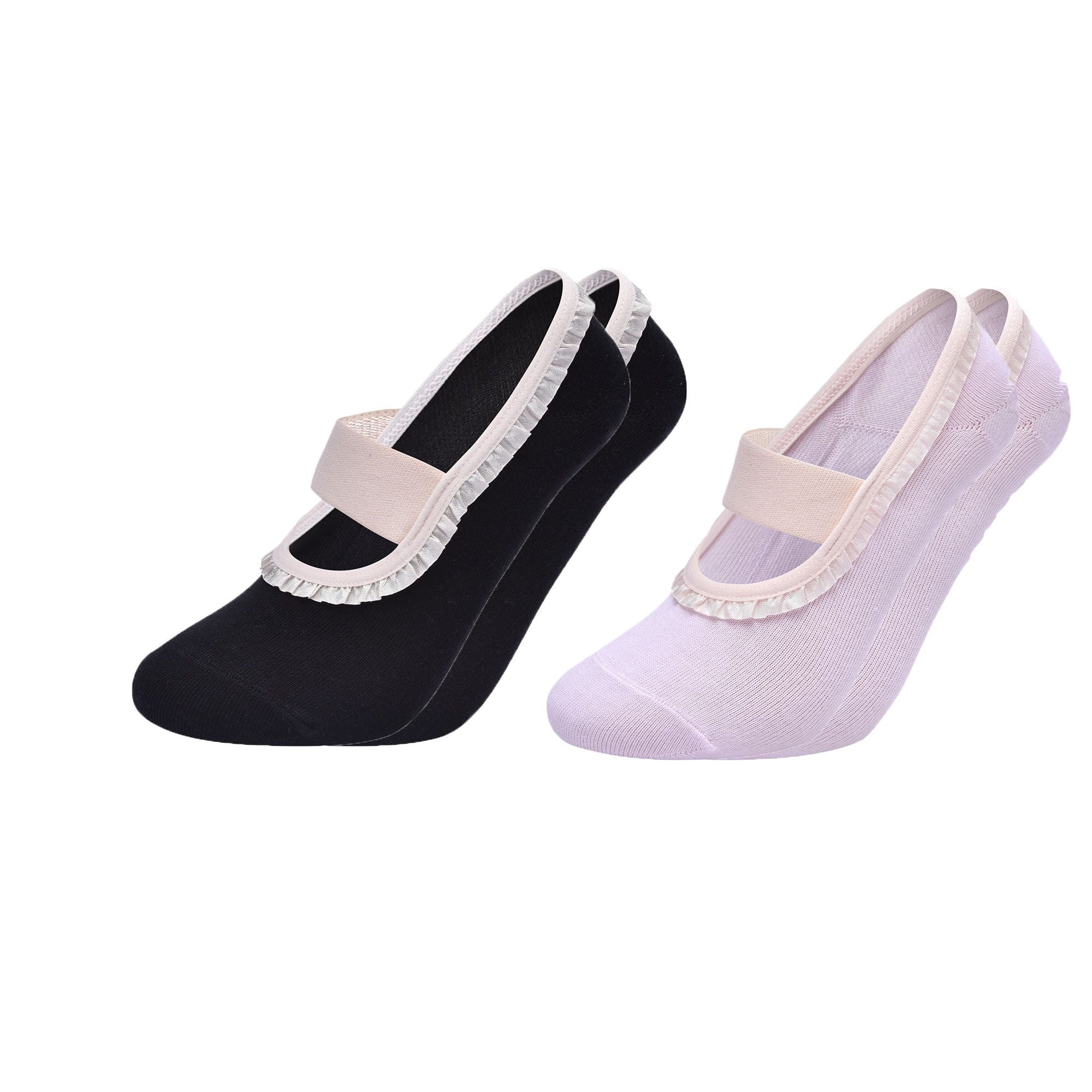 Anna-Kaci Women's Ballet Style Grip Socks with Ruffle Trim and Cross Strap Anti-Slip Sole Yoga and Pilates 2-Pack