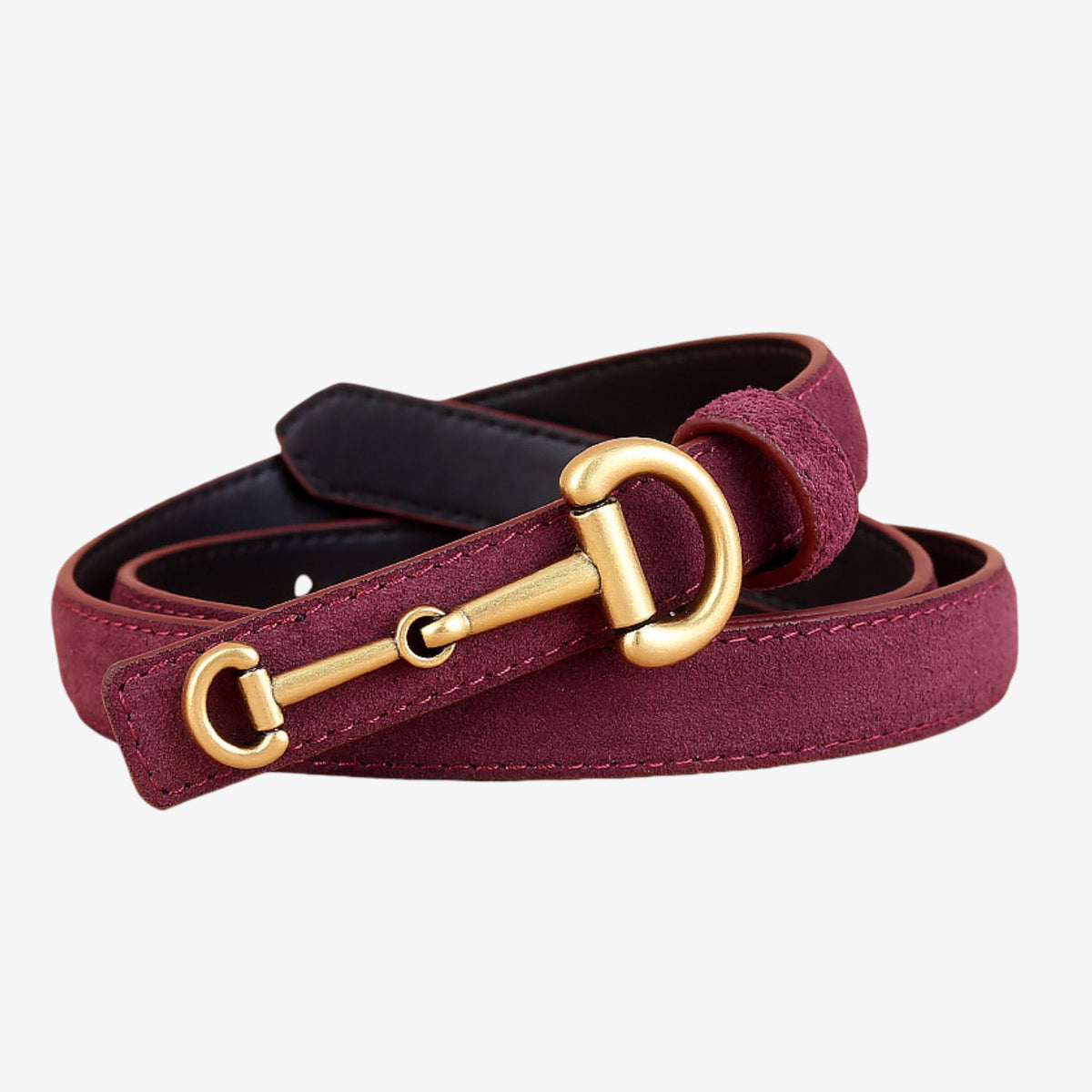 Suede Leather Skinny Belt with Equestrian Gold Tone Buckle 39.4in