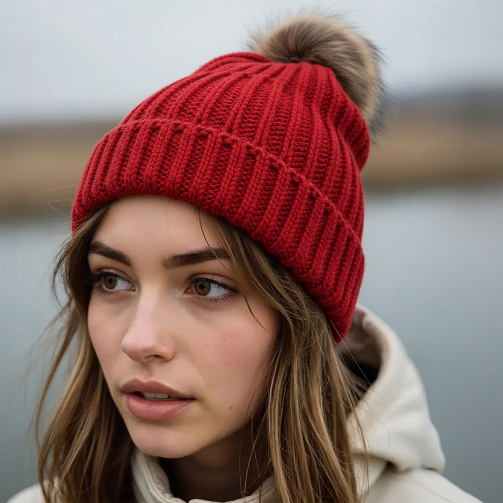 Anna-Kaci Women's Cable Knit Beanie with Faux Fur Pom-Pom - Warm Stretchy Winter Hat for Casual Daily Wear