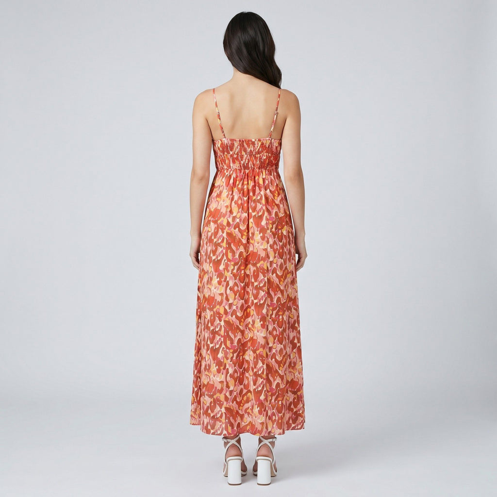 Abstract Floral Print Smocked Waist Spaghetti Strap V-Neck Maxi Dress with Surplice Bodice and Flowy Skirt
