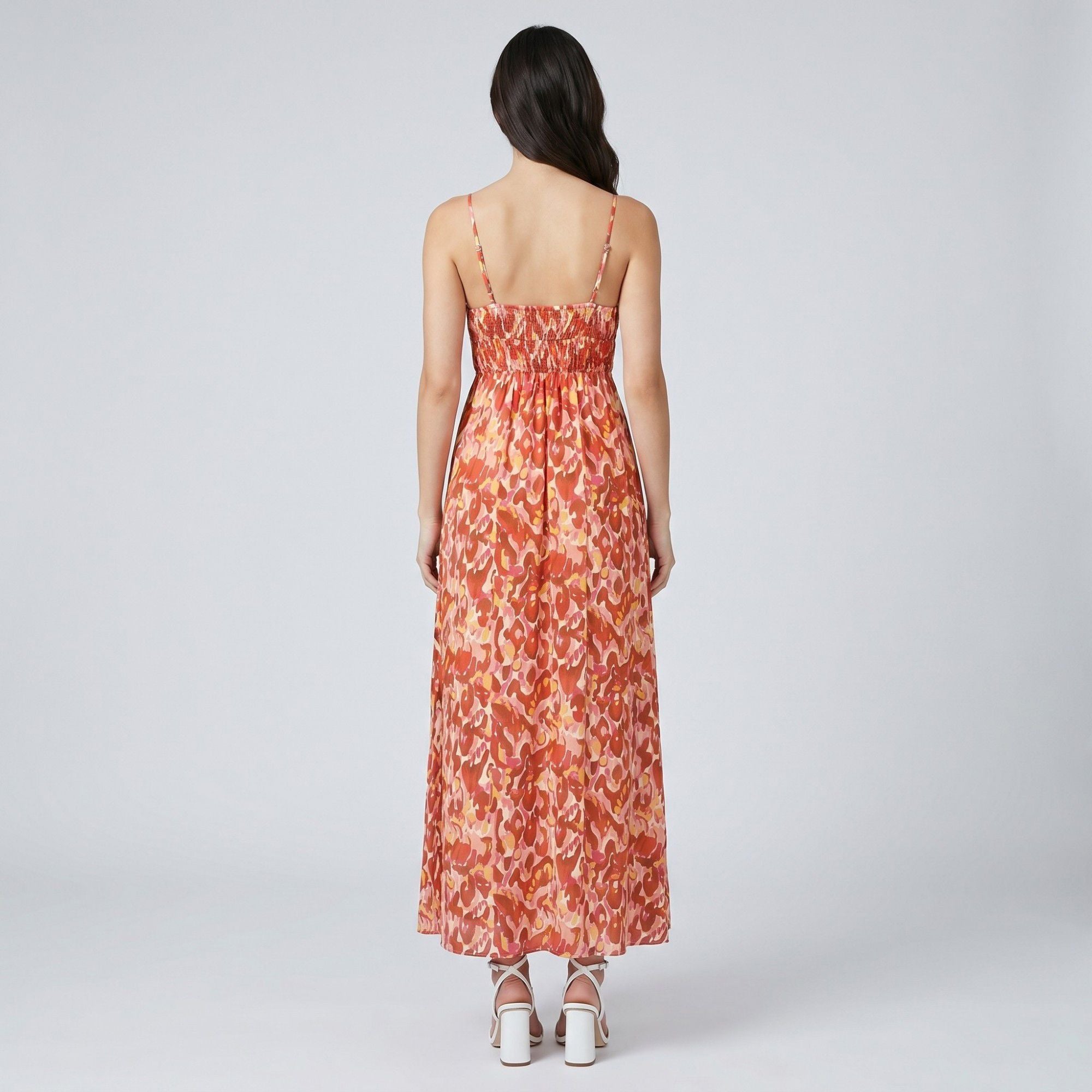 Abstract Floral Print Smocked Waist Spaghetti Strap V-Neck Maxi Dress with Surplice Bodice and Flowy Skirt