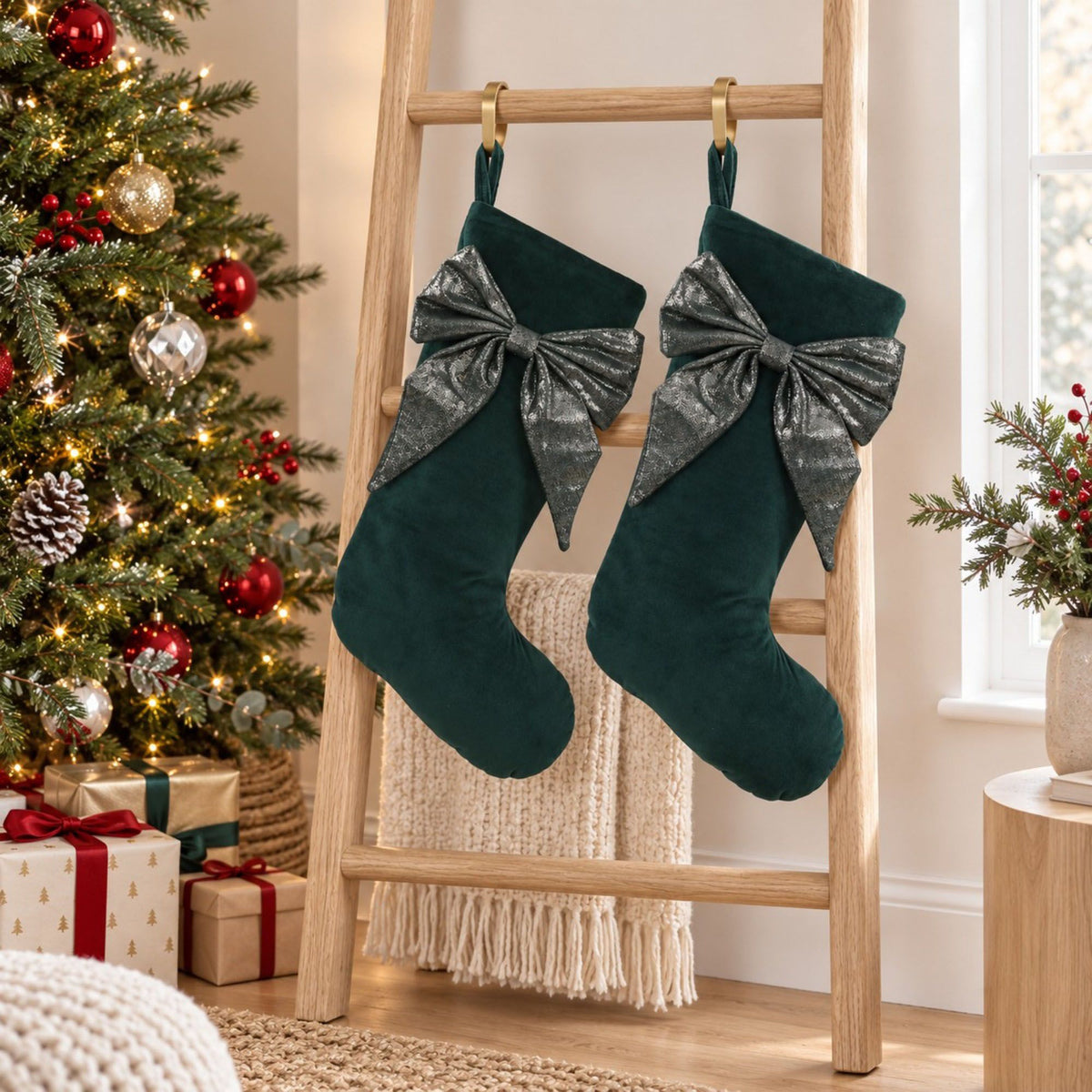 2 Pack 18 Inch Christmas Stockings with Oversized Bow Hanging Loop Holiday Mantel Decor
