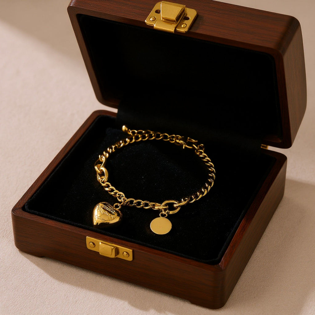 Chain Link Bracelet with Engraved Heart Charm and Smooth Round Pendant Detail for a Chic Polished Modern Accessory Style