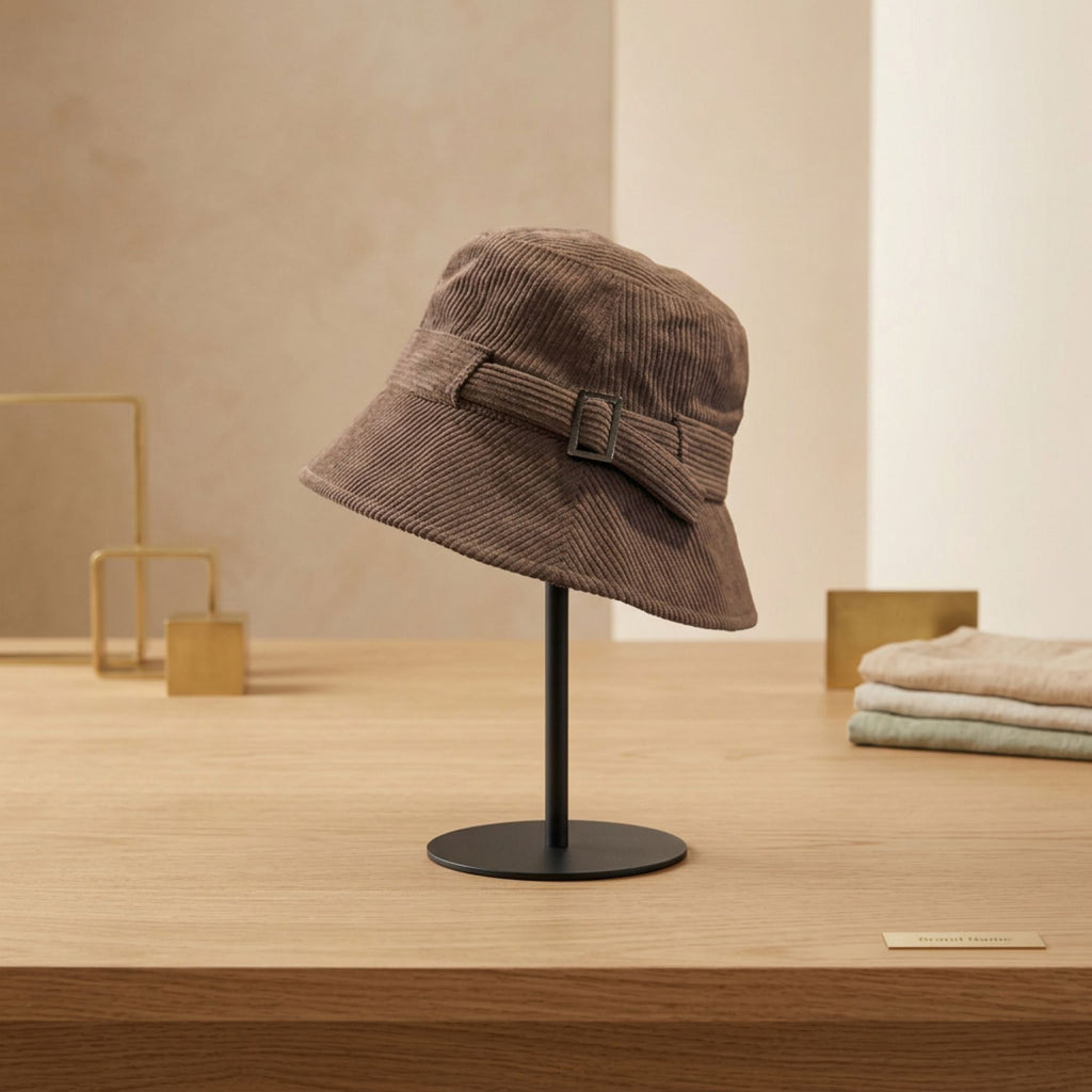 Corduroy Bucket Hat Buckle Band Detail Casual Brim Hat