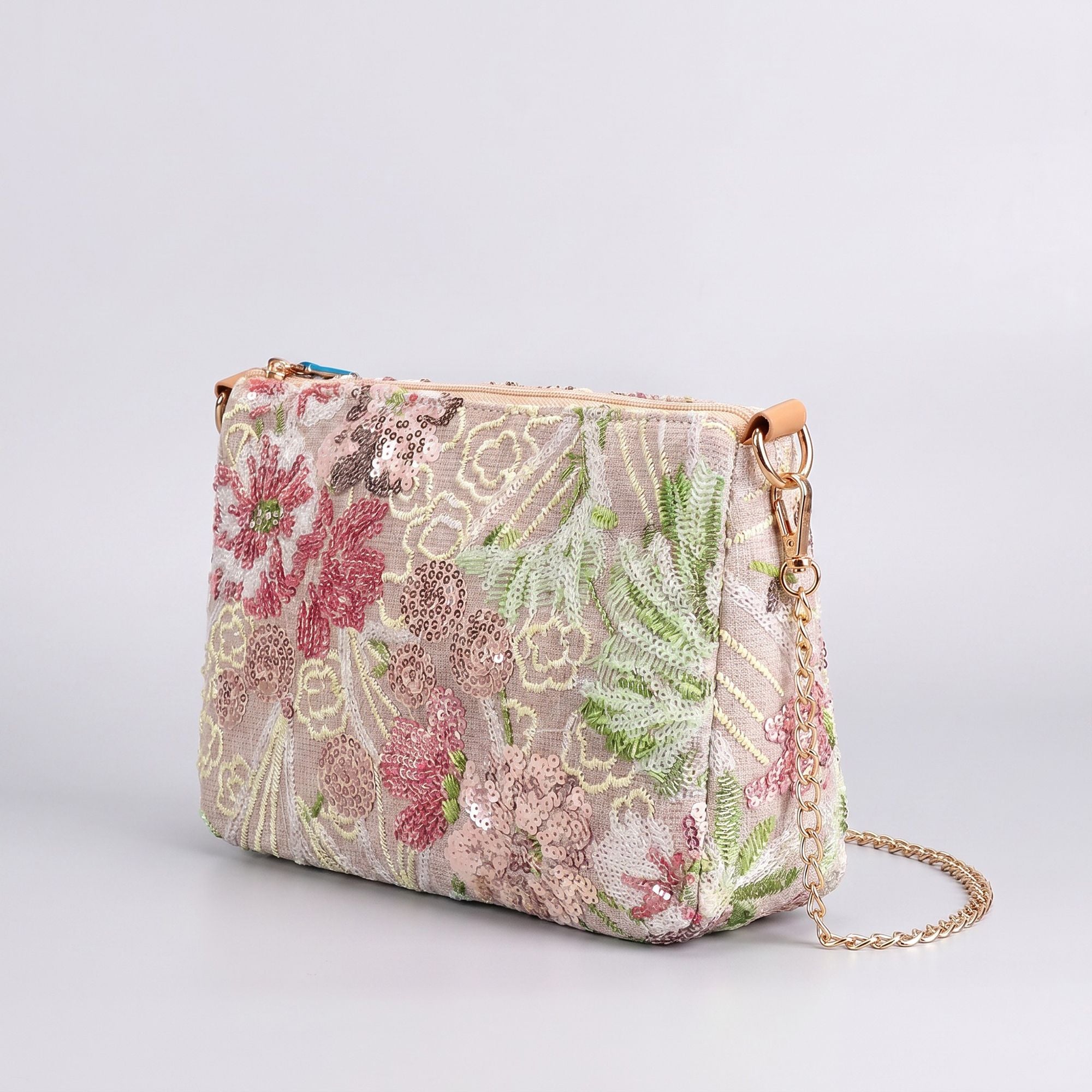 Floral Embroidered Sequin Shoulder Bag with Chain Strap Curved Silhouette