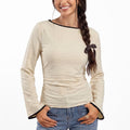 Contrast Trim Long Sleeve Top Boat Neck Ruched Waist Flared Cuffs