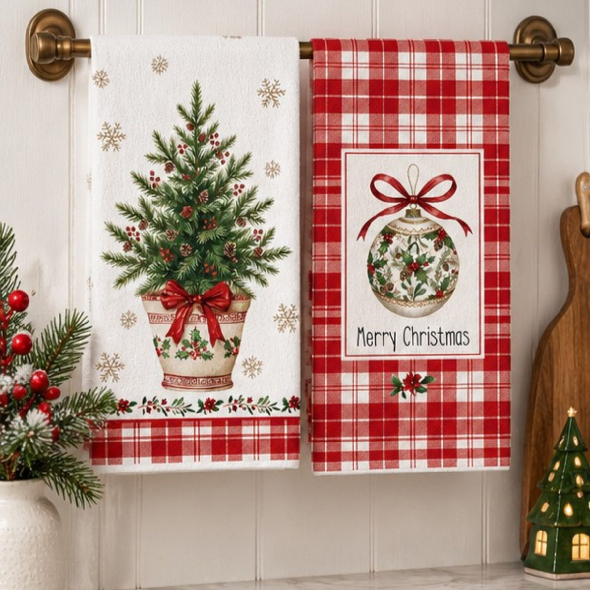2-Pack Christmas Kitchen Towels 15.7x23.6in, Green Tree & Ornament Microfiber Towels