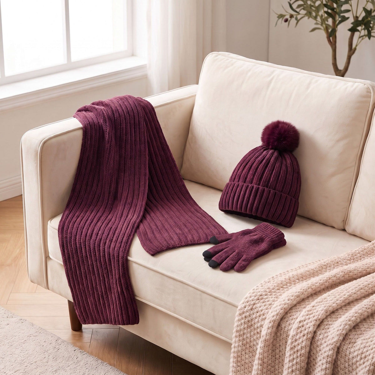 3 Piece Pom Beanie Scarf and Touchscreen Gloves Winter Set