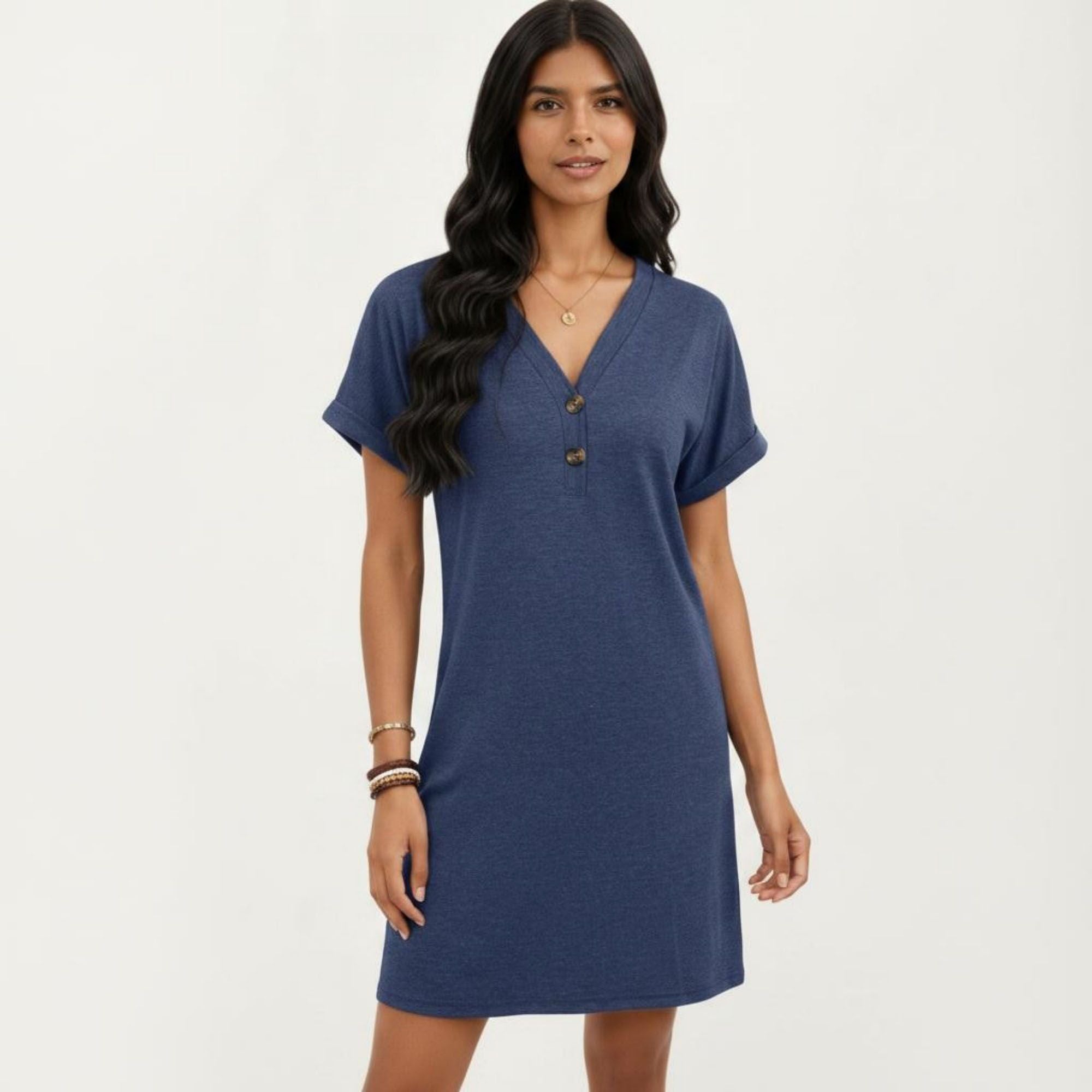Anna-Kaci Women's Short Sleeve V Neck Shift Dress with Button Detail Relaxed Fit Casual Tunic Dress