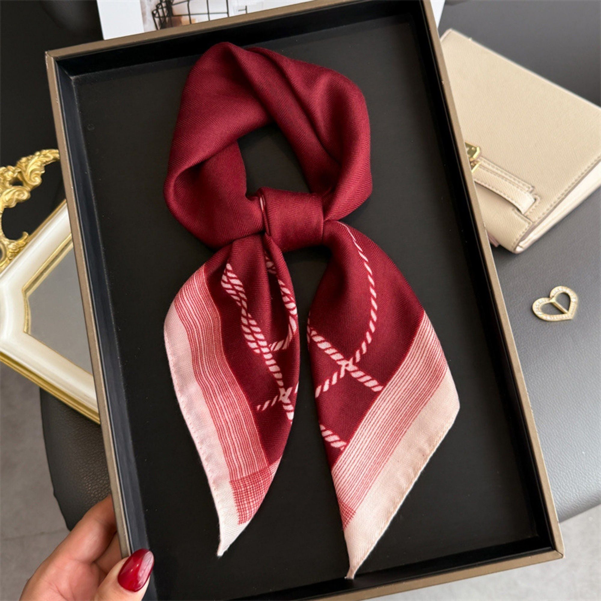 Anna-Kaci Women's Satin Square Scarf with Rope Chain Border Print 27x27in
