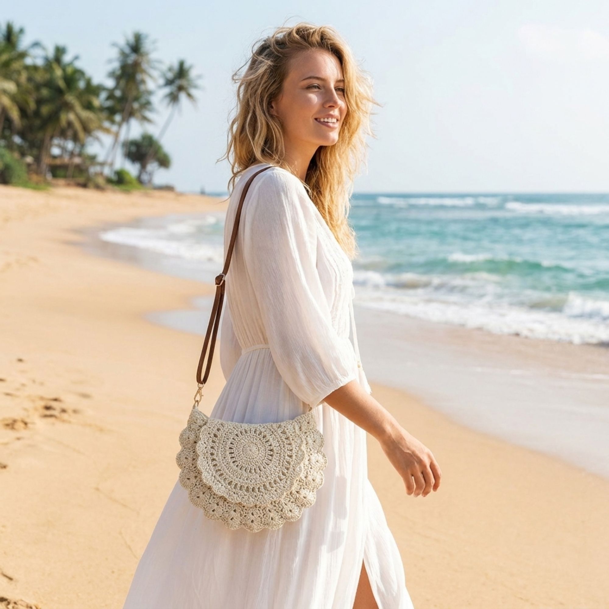 Crochet Crossbody Bag with Scalloped Flap and Adjustable Strap
