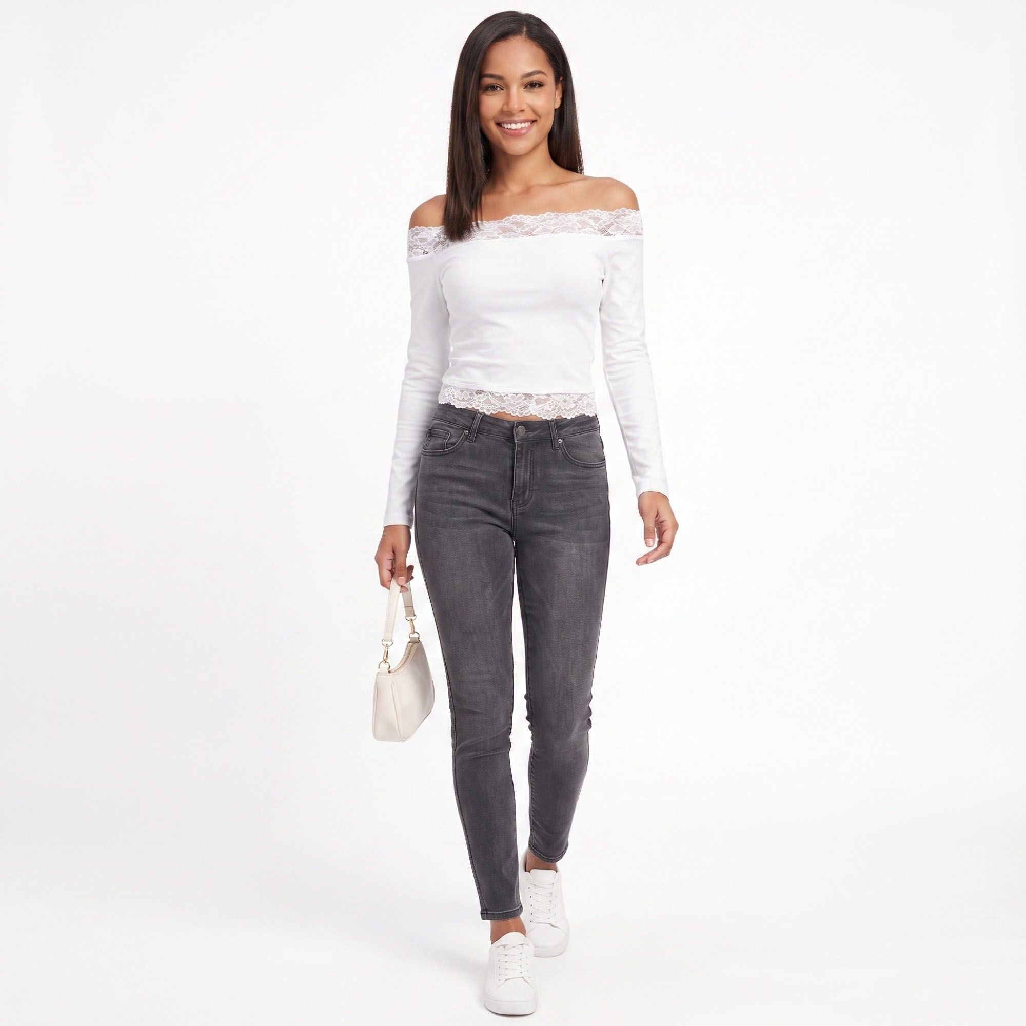 Off-the-Shoulder Lace Trim Long Sleeve Crop Top