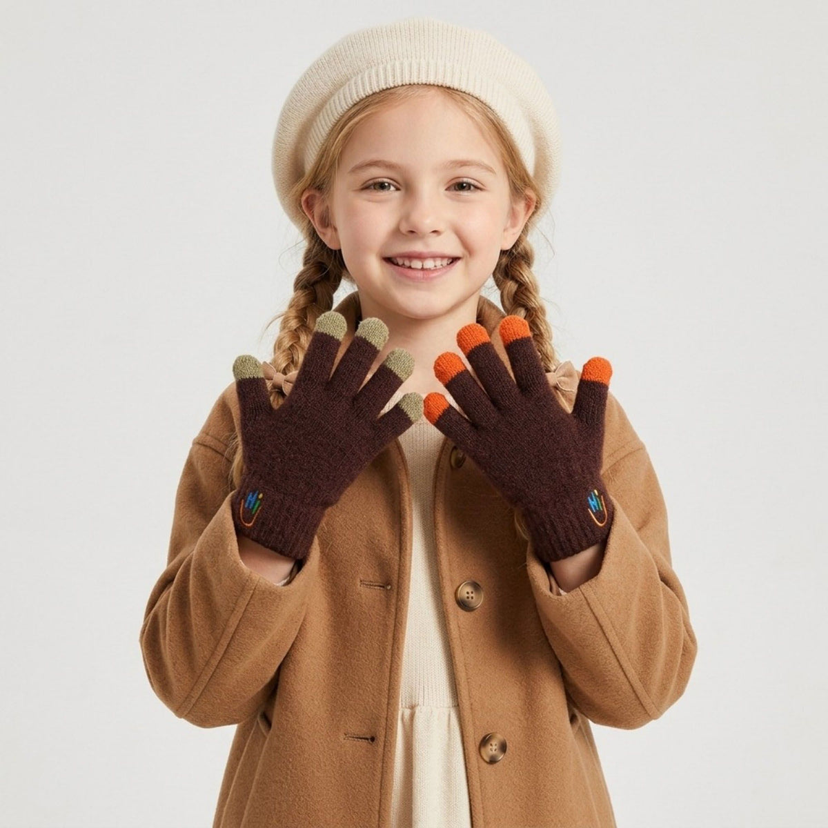 Kids Knit Gloves with Contrast Fingertips and Embroidered Detail 5.3 x 2.5in