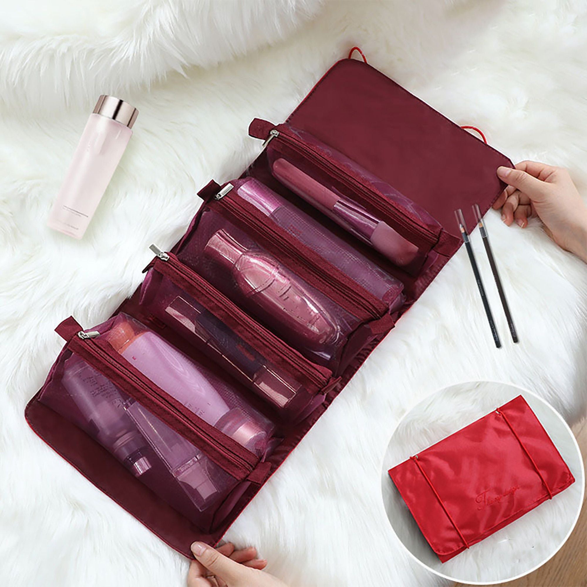 Hanging Travel Toiletry Bag with Clear Zipper Compartments and Roll-Up Organizer Design