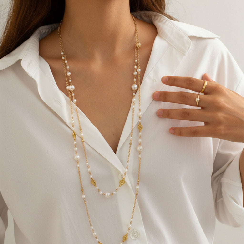 Women's Layered Pearl Beaded Necklace with Gold Filigree Accents 31.5in/39.5in