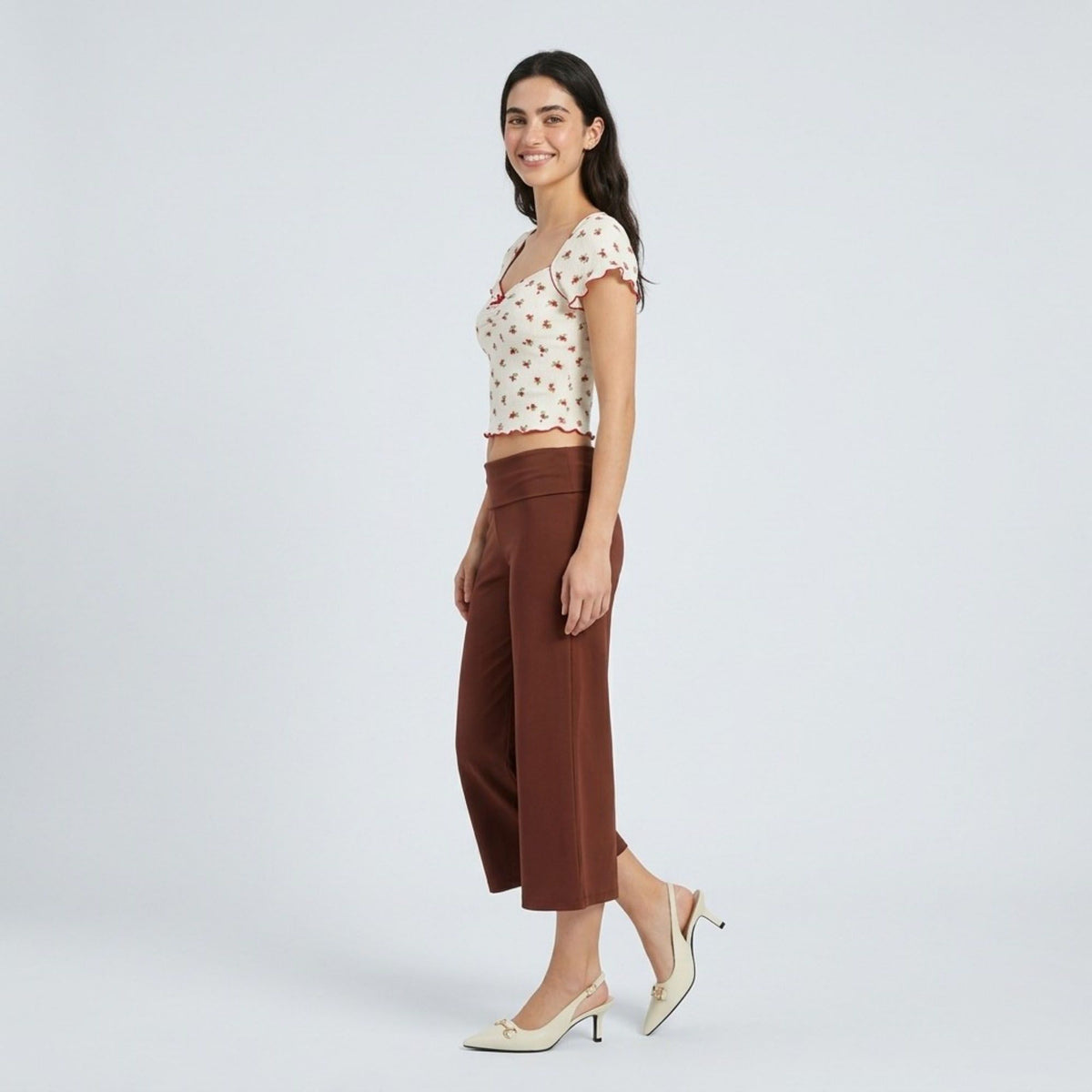 Foldover Waistband Cropped Wide-Leg Trousers