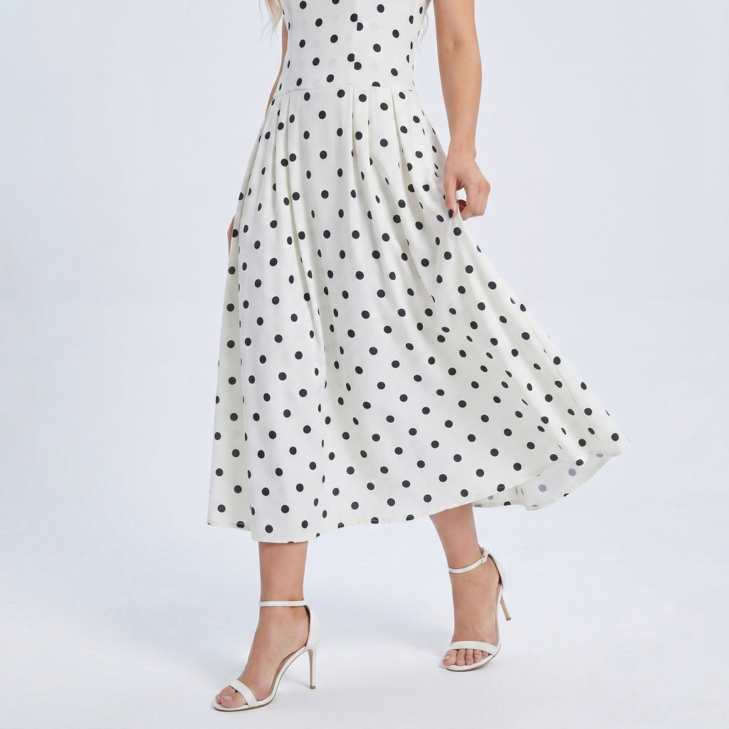 Anna-Kaci Women's Polka Dot Square Neck Fit and Flare Midi Dress